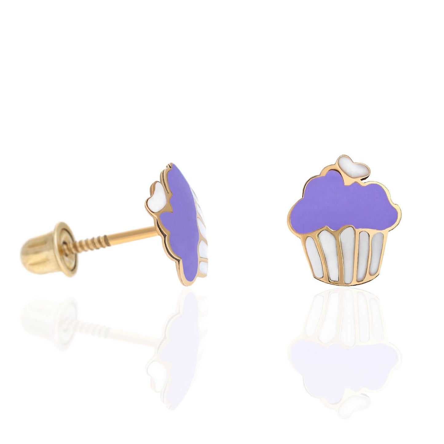 Kids 14K Yellow Gold Enameled Large Cupcake Screw Back Stud Earrings