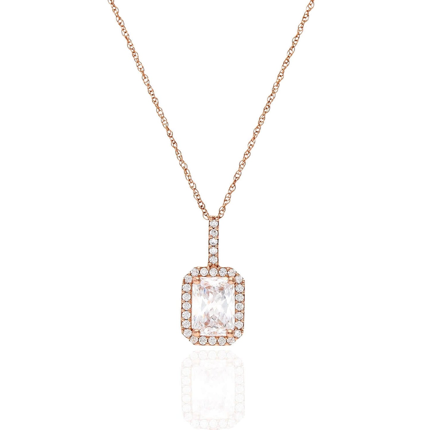 1.30CTW CZ 14K Gold Emerald-Cut Halo Pendant Necklace 18"