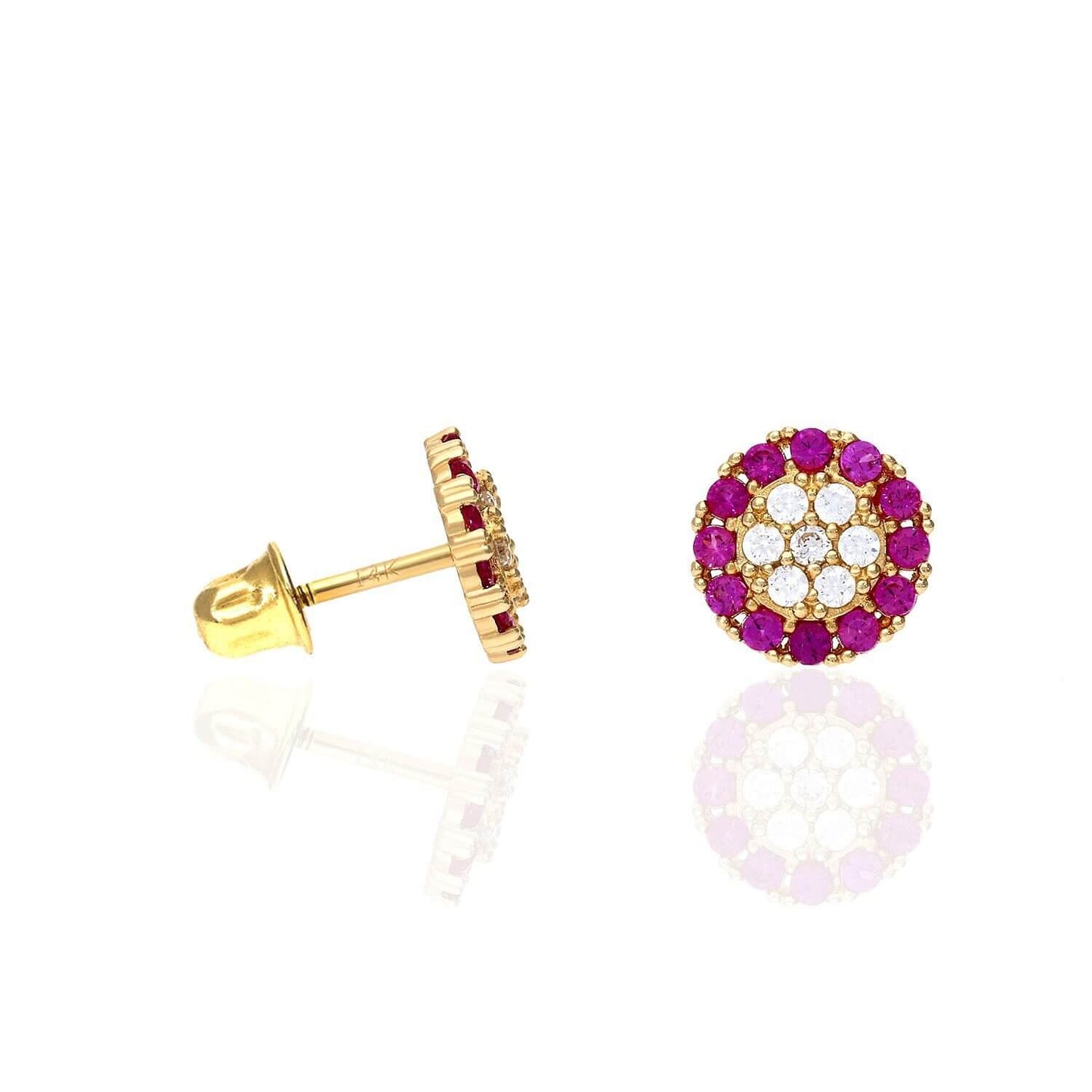 14K Gold Halo Round Cluster Screw Back CZ Birthstone Stud Earrings