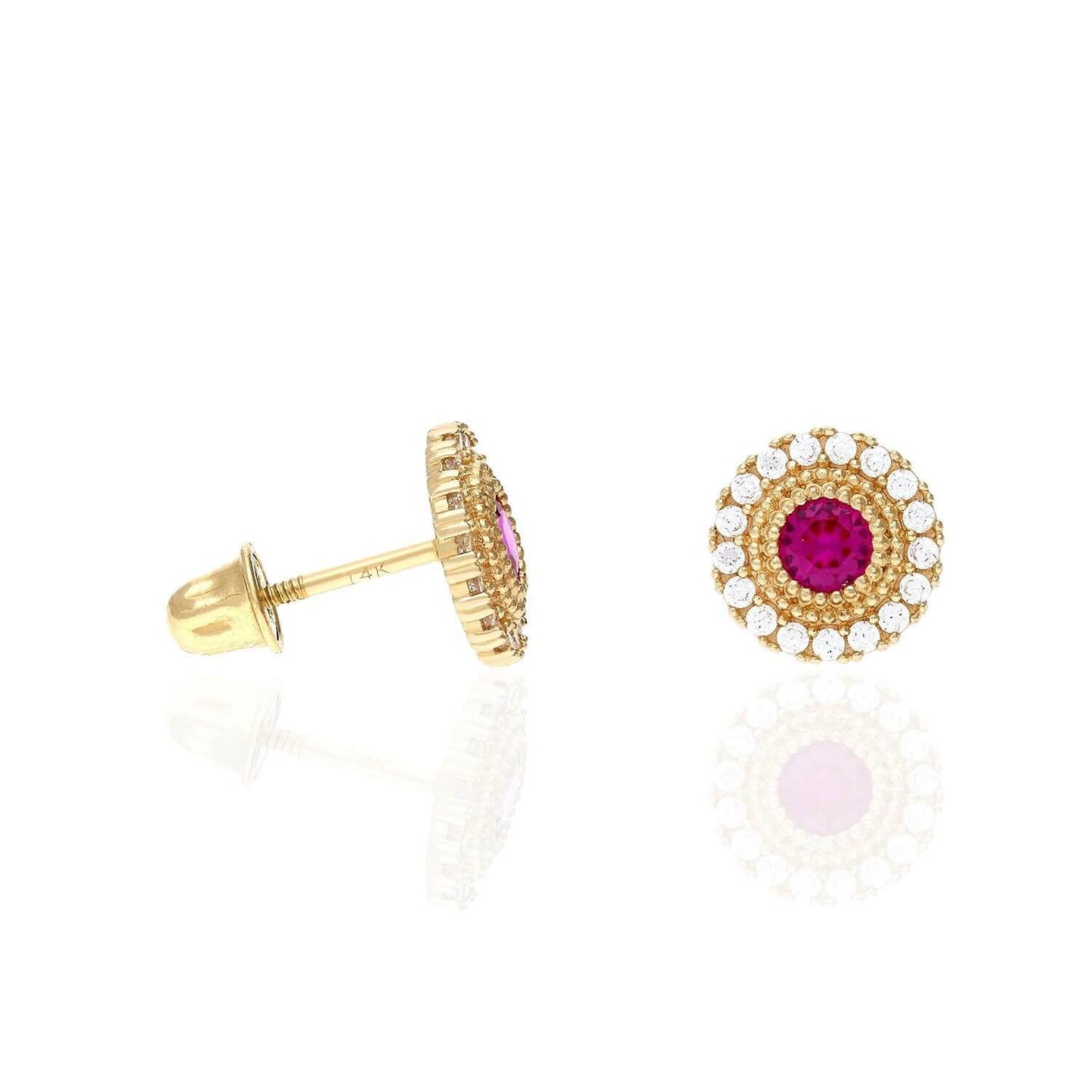 14K Yellow Gold Color Gemstone Round Halo Fancy Birthstone Screw Stud Earrings