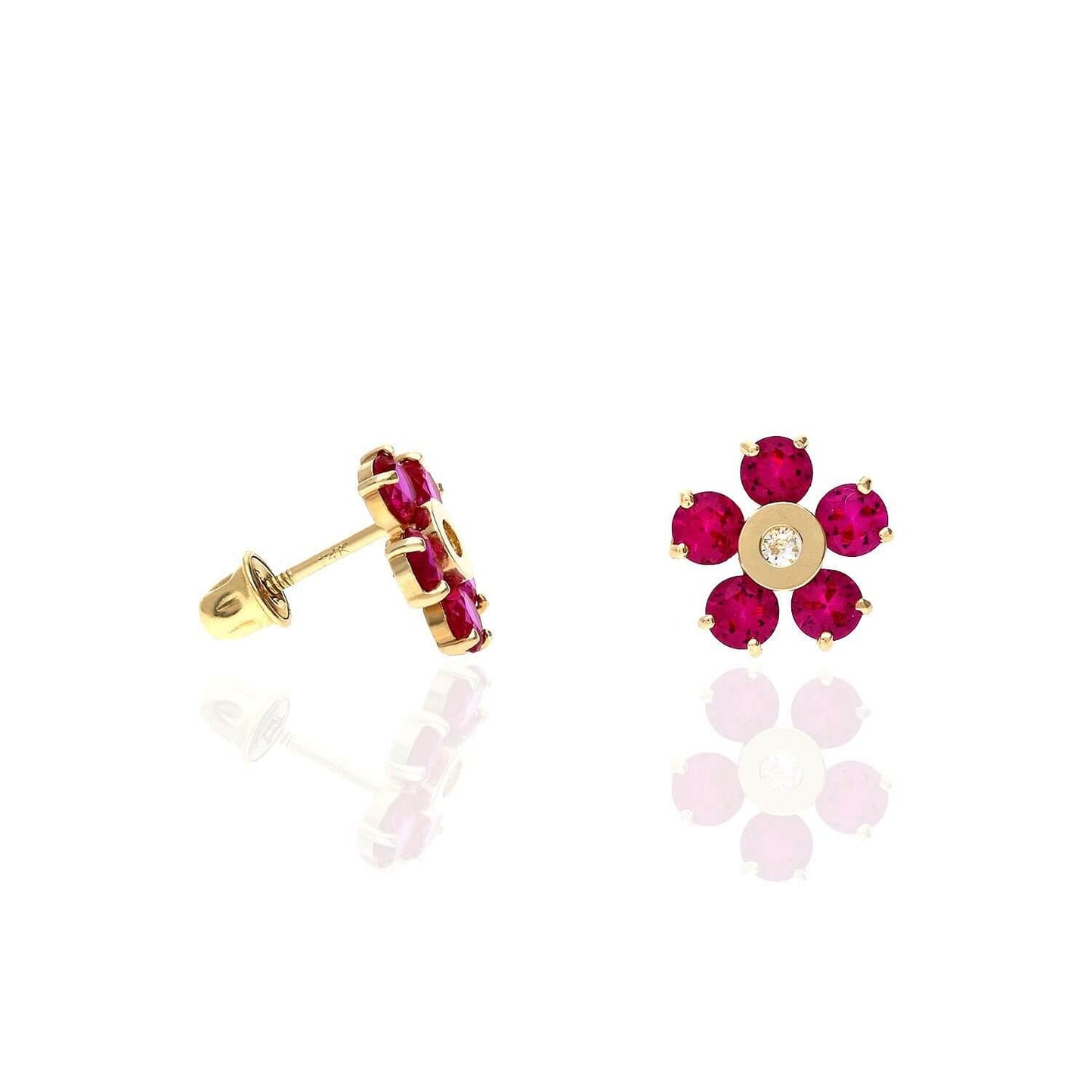 14K Yellow Gold Color Gemstone Flower Screw Back Stud Earrings