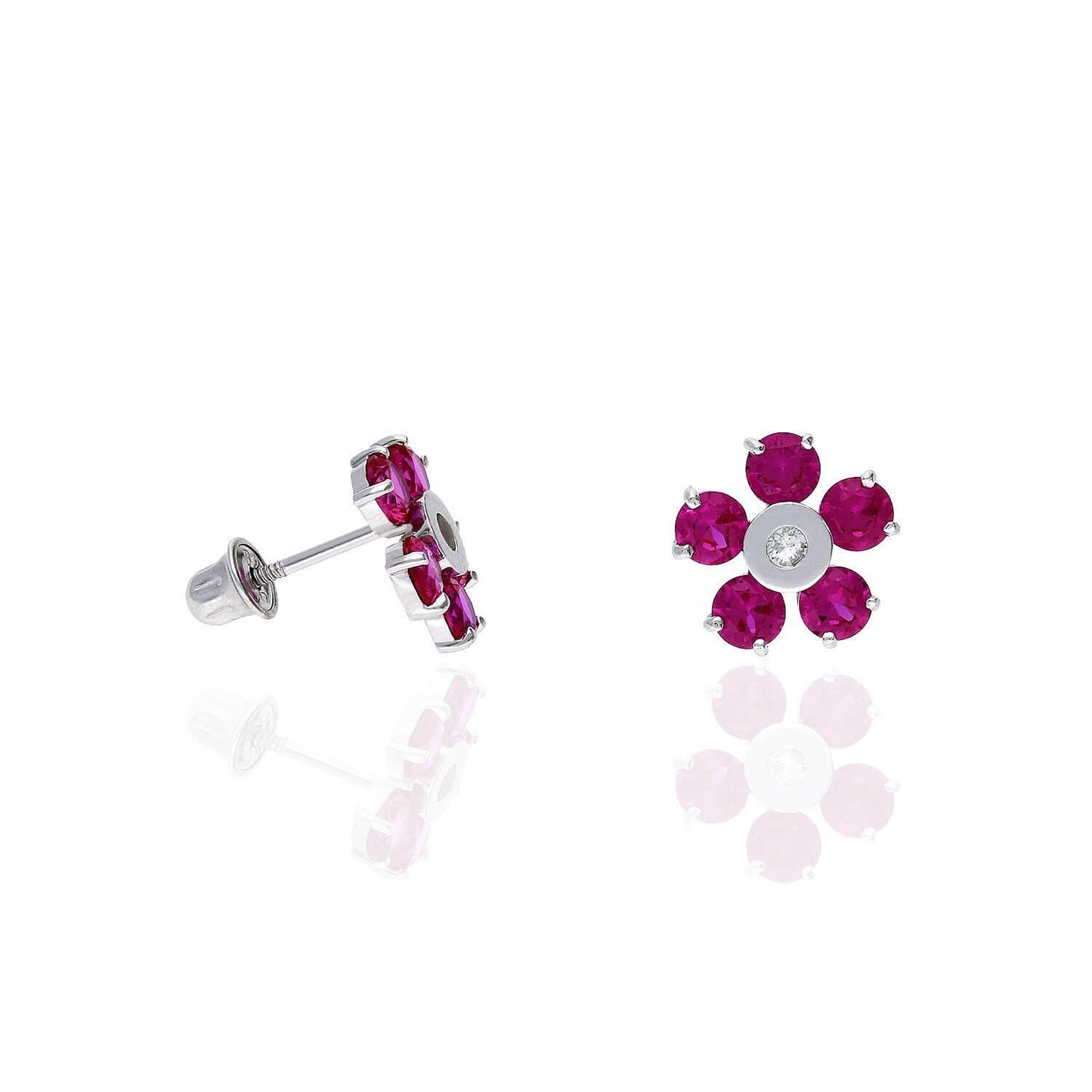 14K White Gold Color Gemstone Flower Screw Back Stud Earrings