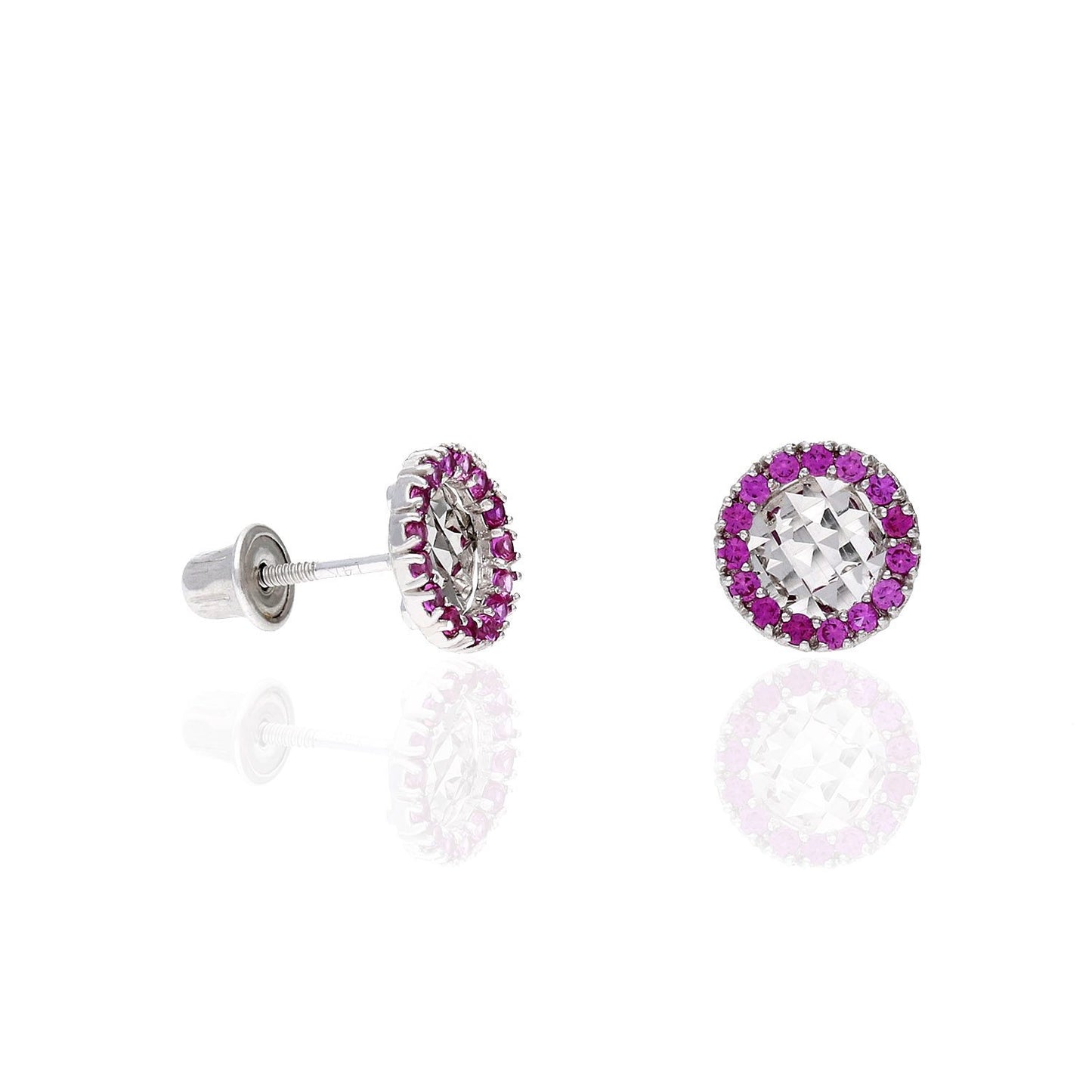 14K White Gold Diamond Cut Gemstone Round Halo 7mm Screw Back Stud Earrings