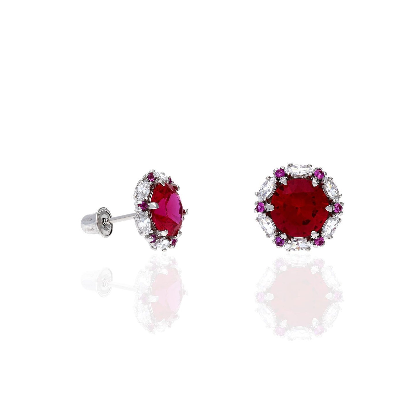 14K Solid White Gold Round And Marquise Gem Birthstone Halo Stud Earrings