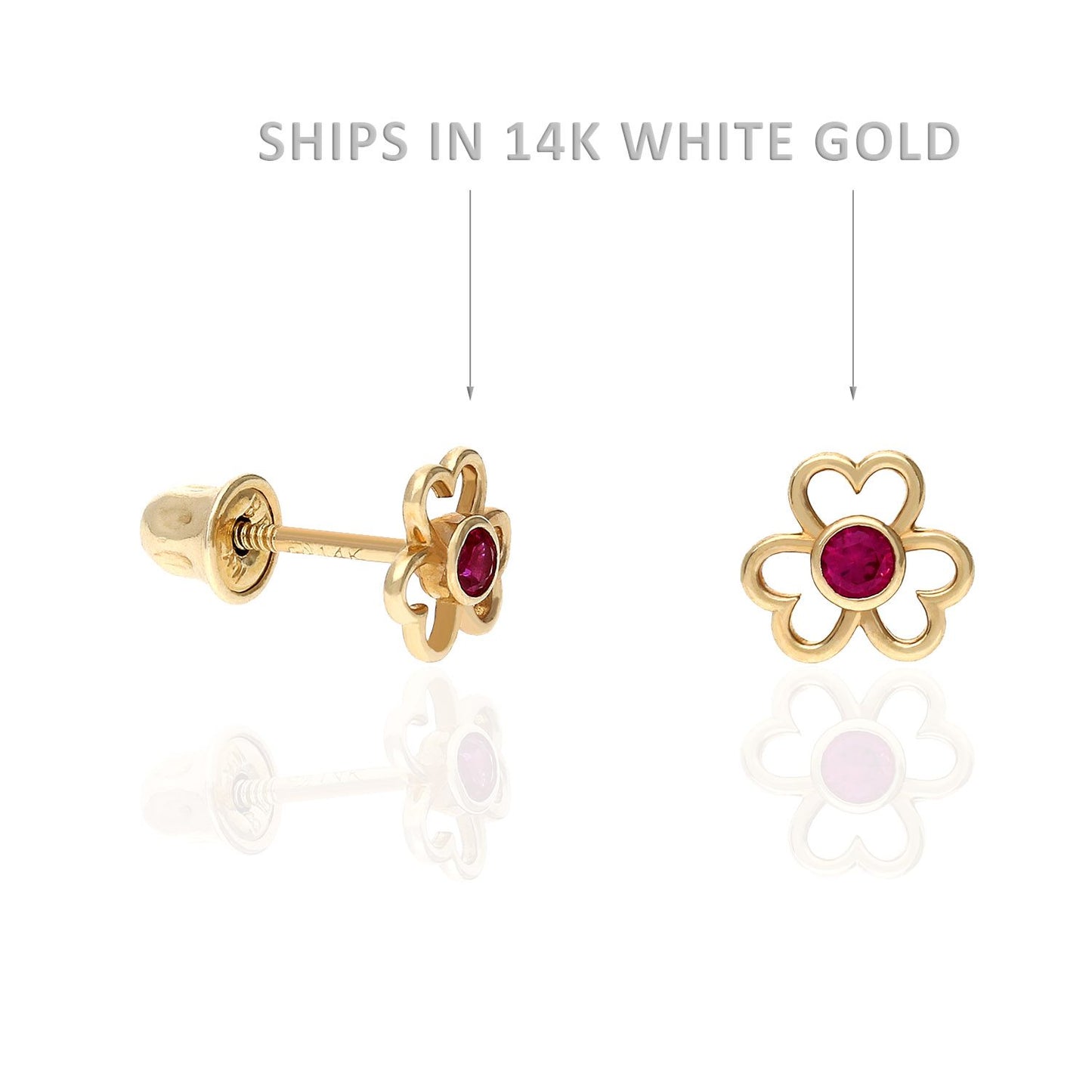 14K White Gold Open Flower Bezel Set Gemstone Kids Screw Back Stud Earrings