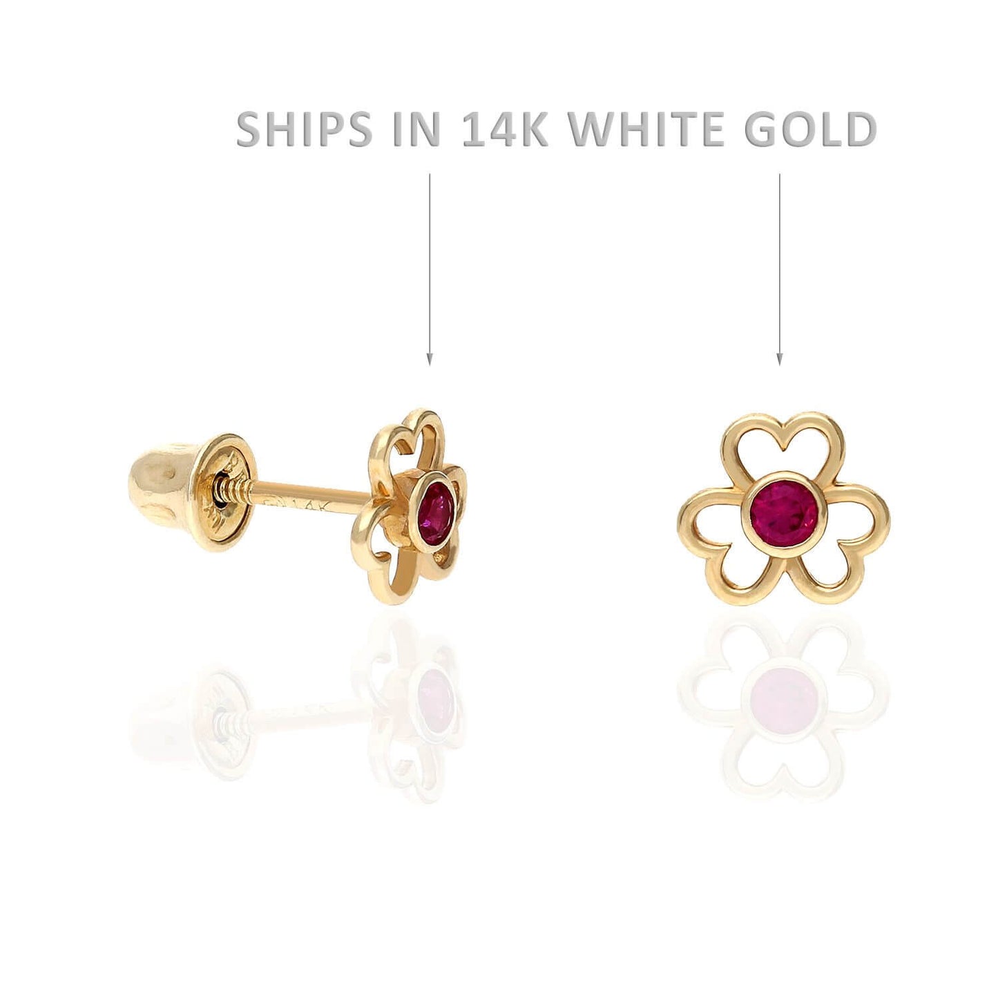 14K White Gold Open Flower Bezel Set Gemstone Kids Screw Back Stud Earrings