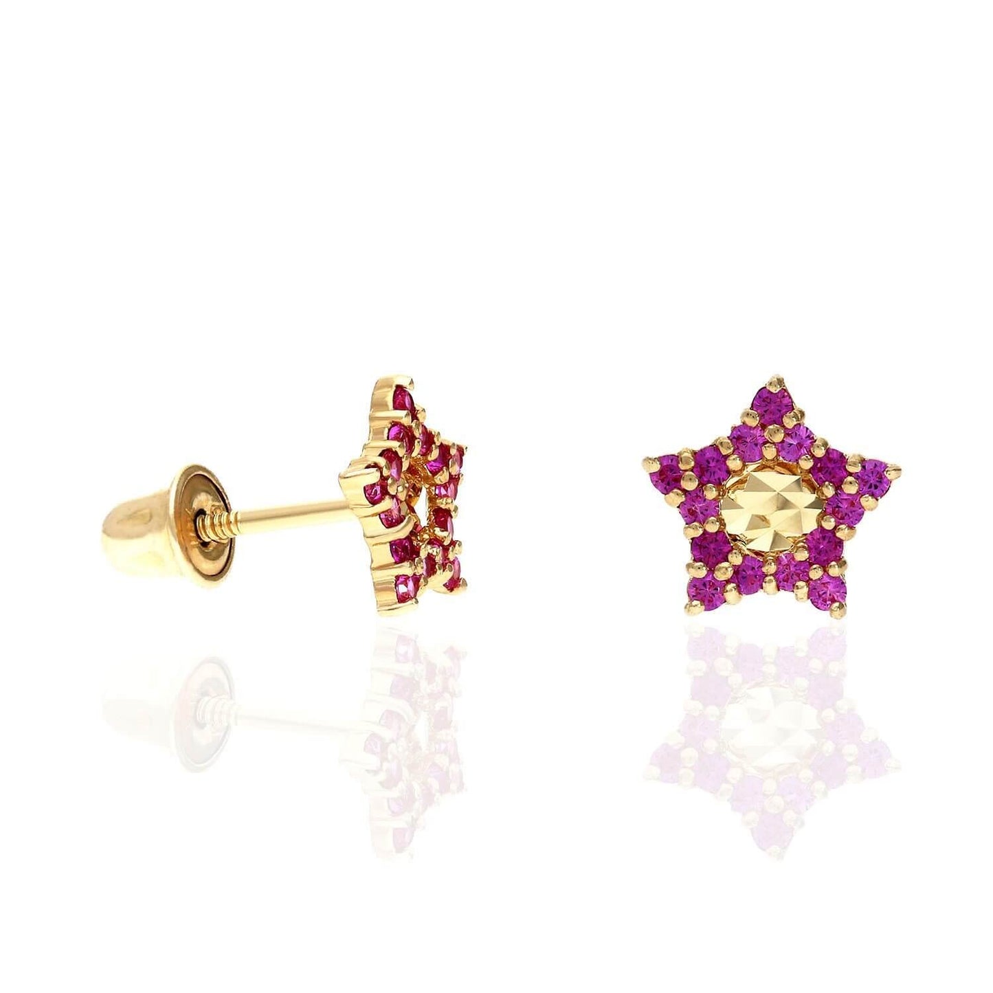 14K Yellow Gold Diamond-Cut Color Gemstone Little Star Stud Earrings
