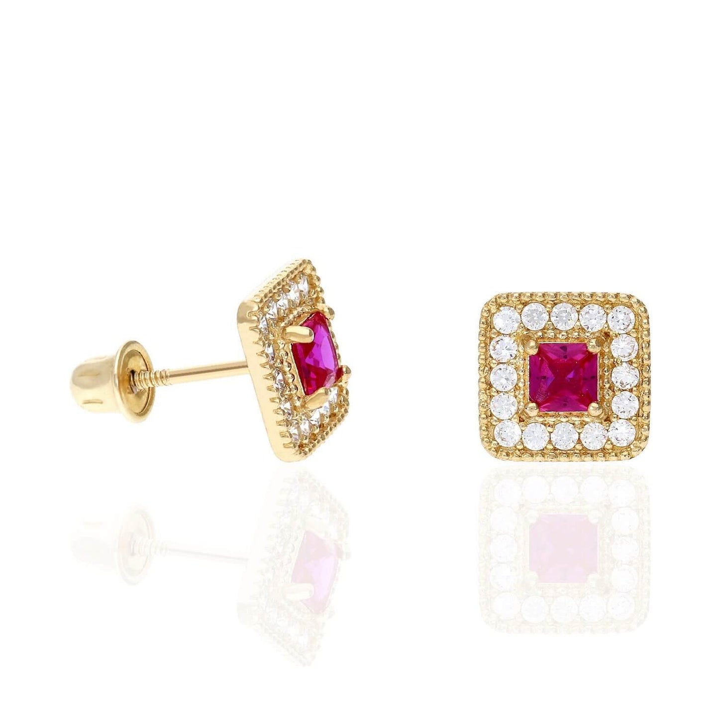 14K Yellow Gold Square Color Gemstone Screw Back Halo Stud Earrings
