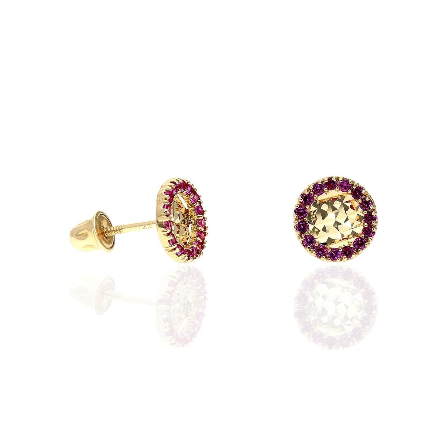 14K Yellow Gold Diamond-Cut Gemstone Round Halo 7mm Screw Back Stud Earrings