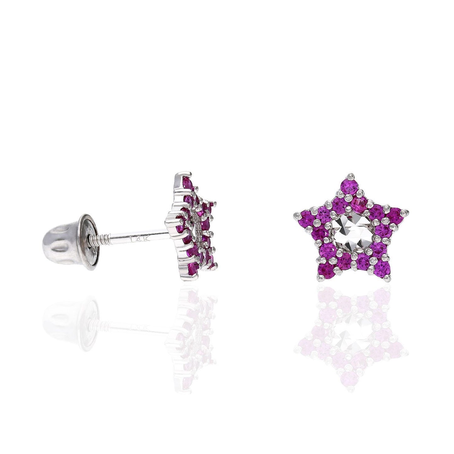 14K White Gold Diamond Cut Color Gemstone Little Star Screw Back Stud Earrings