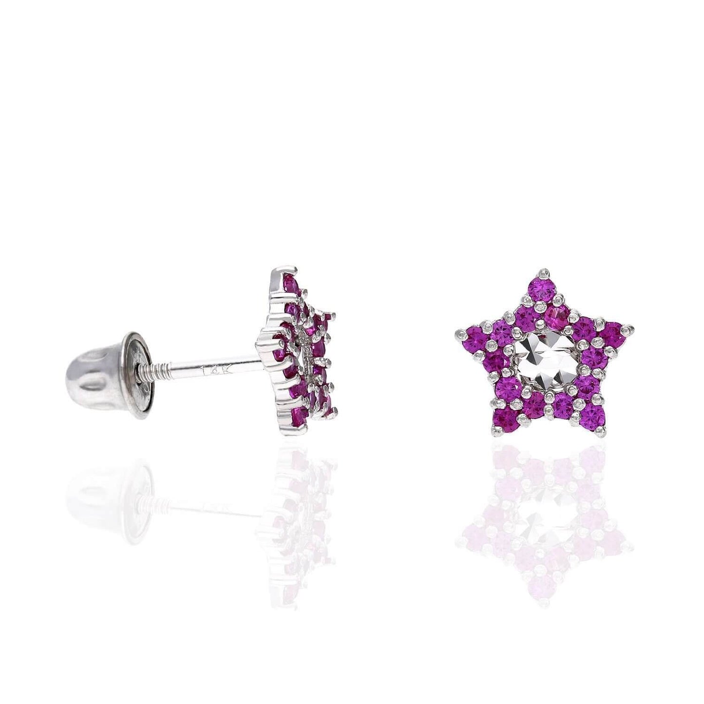 14K White Gold Diamond-Cut Color Gemstone Little Star Screw Back Stud Earrings