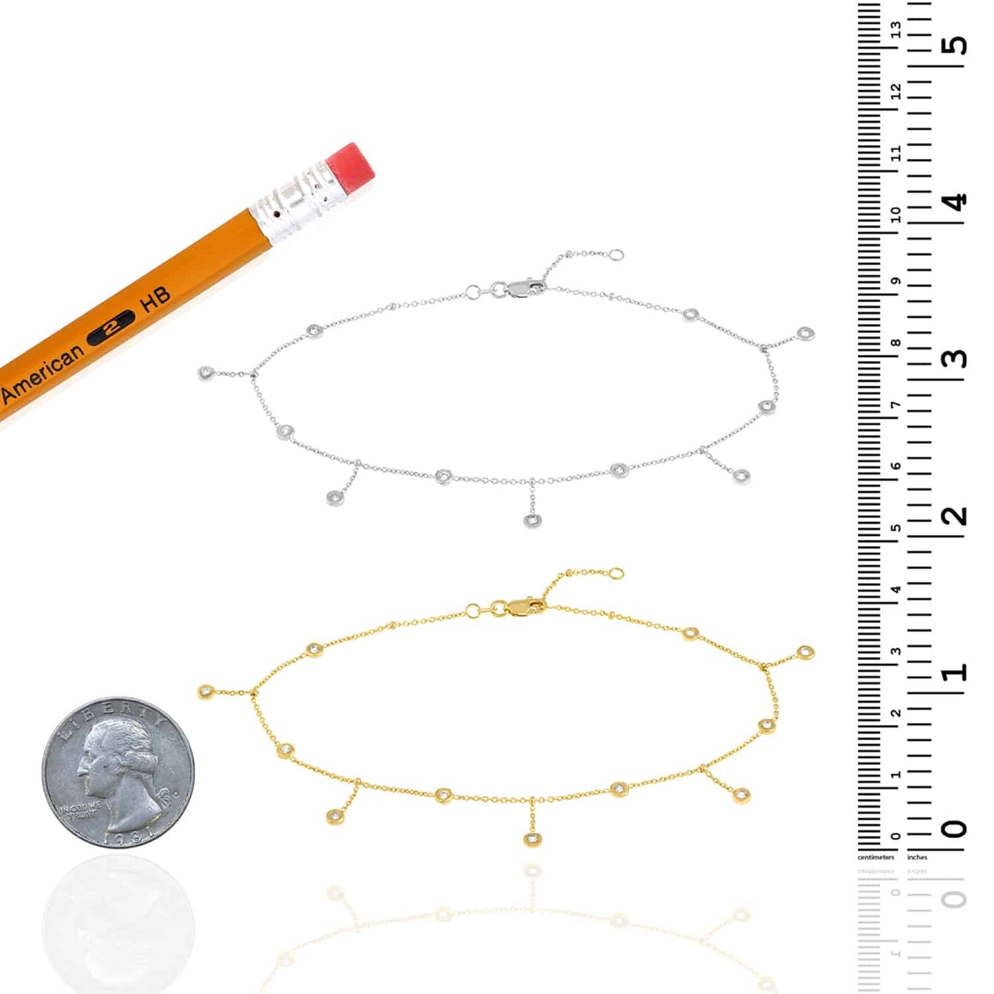 14K Real Gold Yellow White CZ Bezel Station Drop Anklet 9"-10" Adjust.