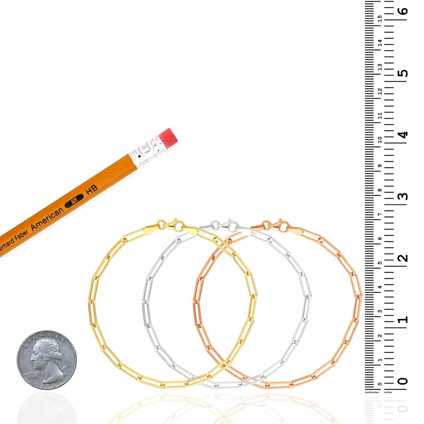 14K Real Gold Yellow White Rose 3.8mm Paperclip Bracelet 8"