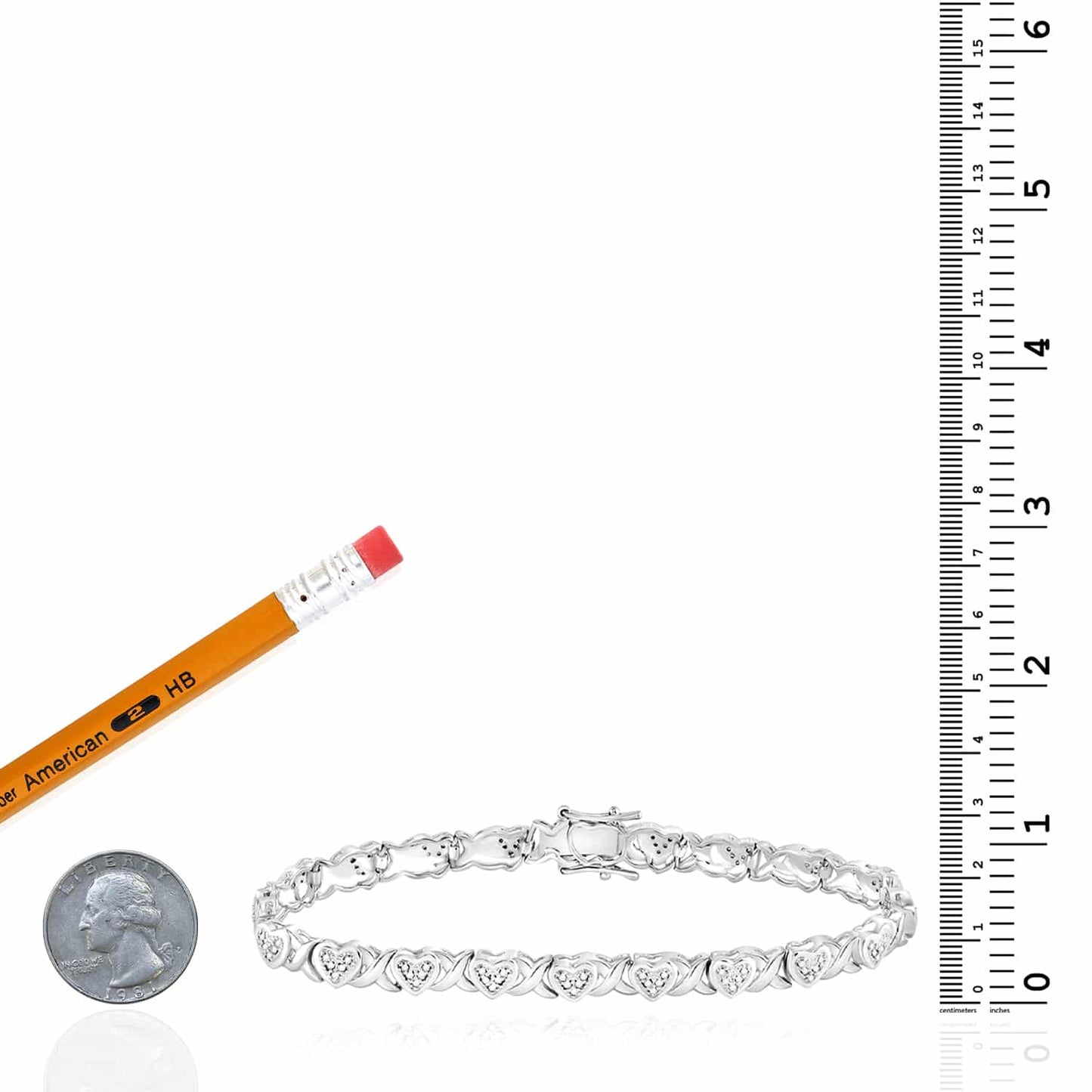 0.25CTW Real Diamond 7mm Sterling Silver Heart XO Tennis Bracelet 7"