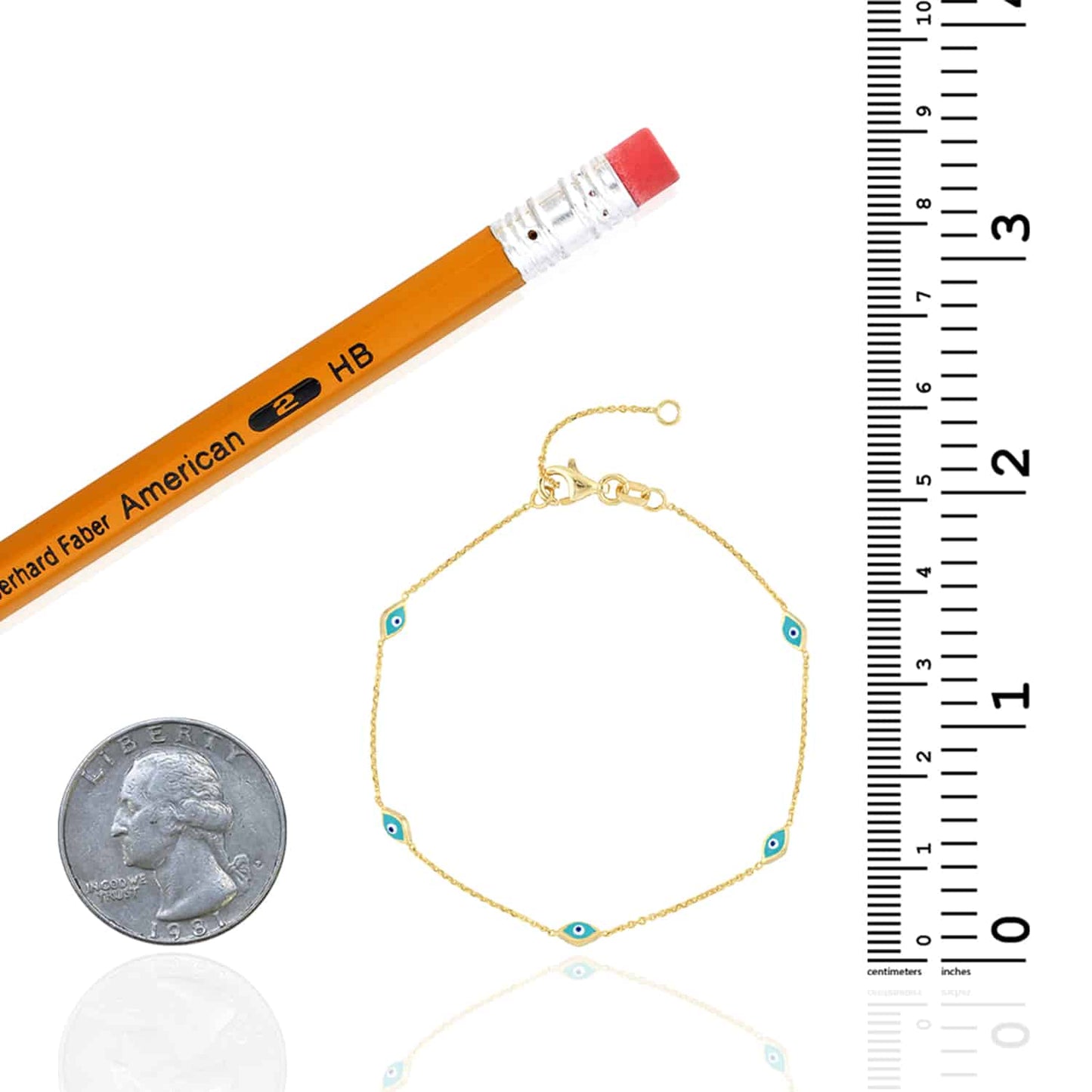 14K Real Gold Yellow Turquoise Evil Eye Station Bracelet 6.25"-7.25" Adjustable