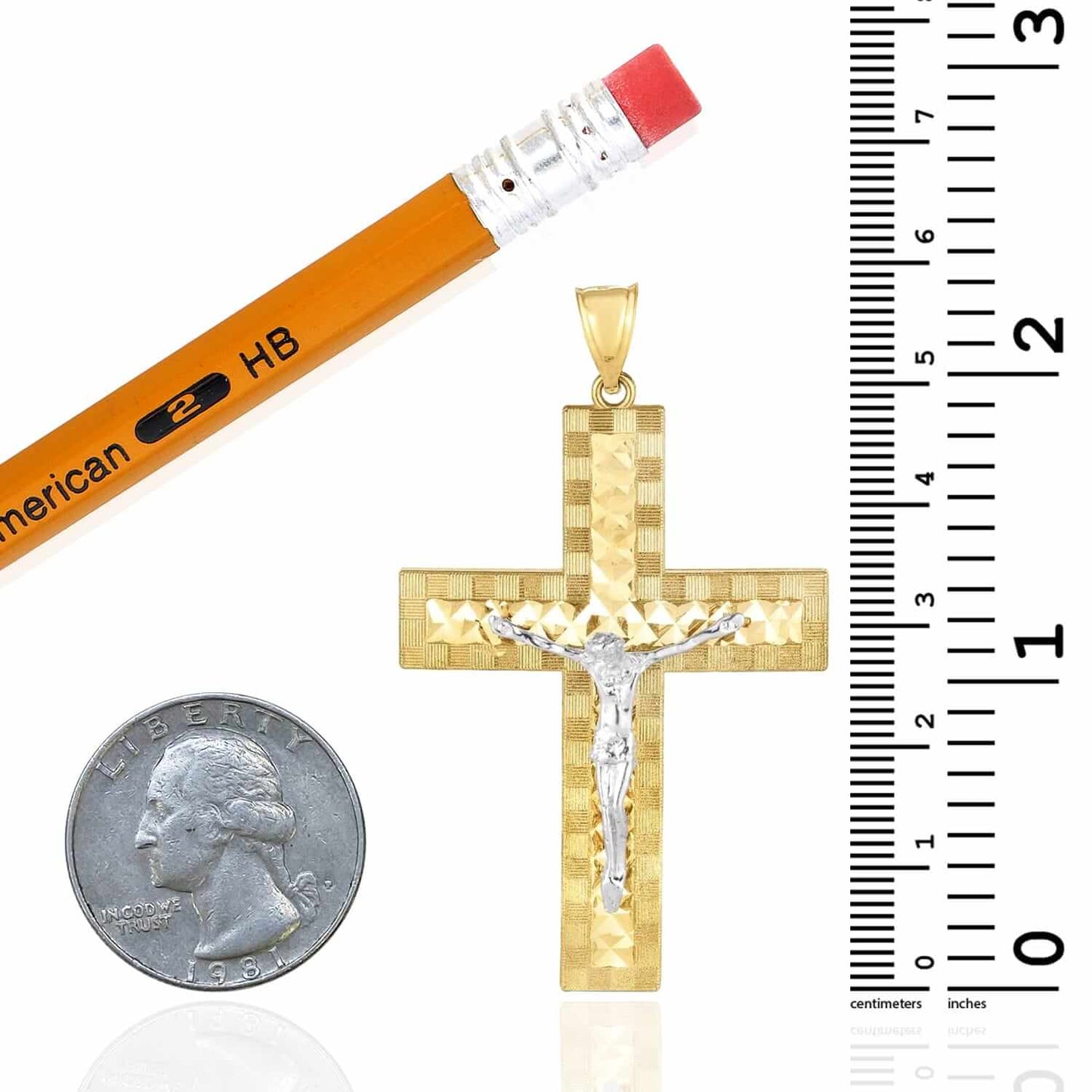 14K Gold Two-Tone Yellow White Diamond-Cut Jesus Crucifix Cross Pendant 2.3"