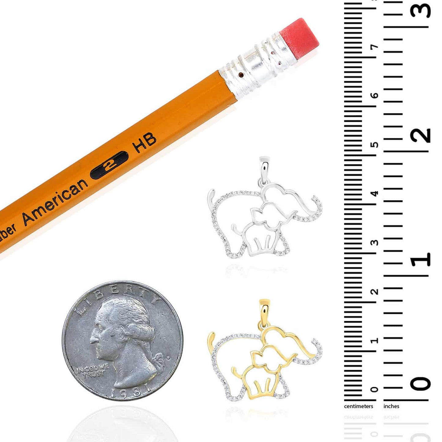0.12CTW Natural Diamond 10K Gold Yellow White Mother Baby Elephant Pendant 0.8"