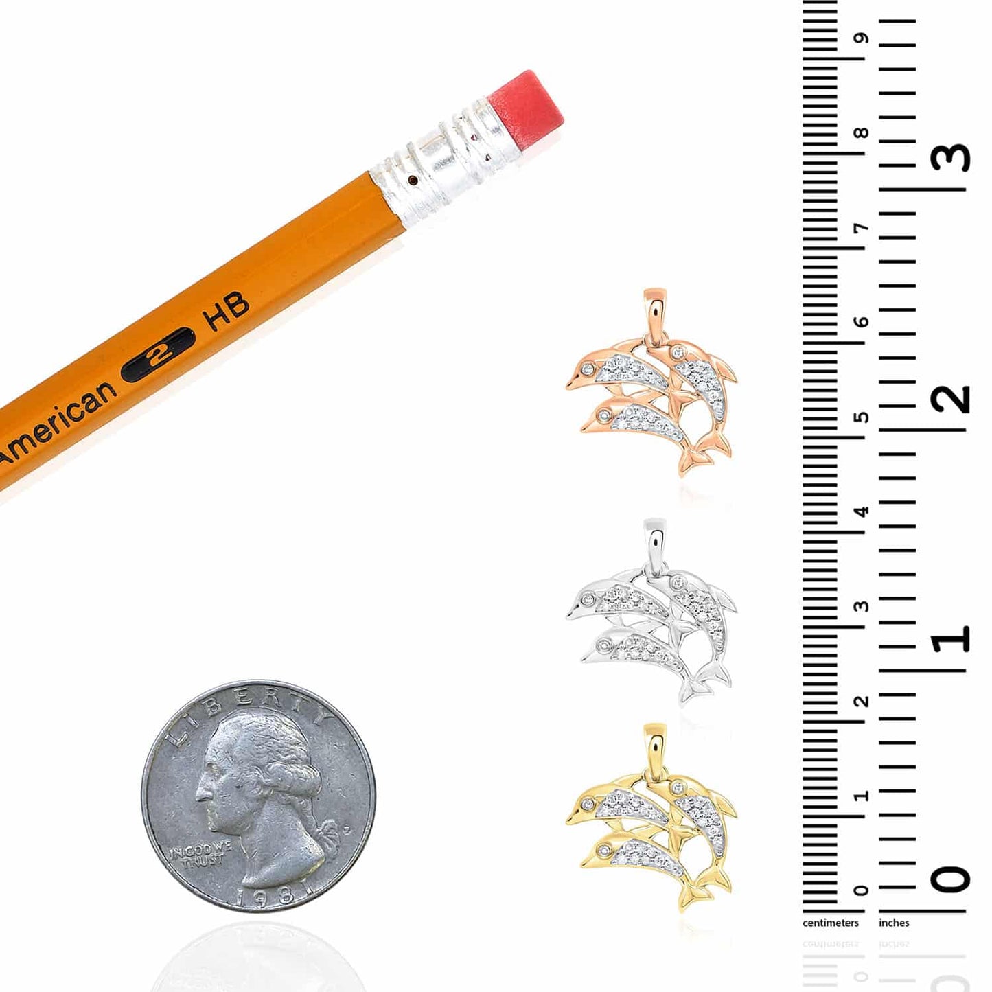 0.12CTW Natural Diamond 10K Gold Yellow White Rose 3x Dolphins Swimming Pendant