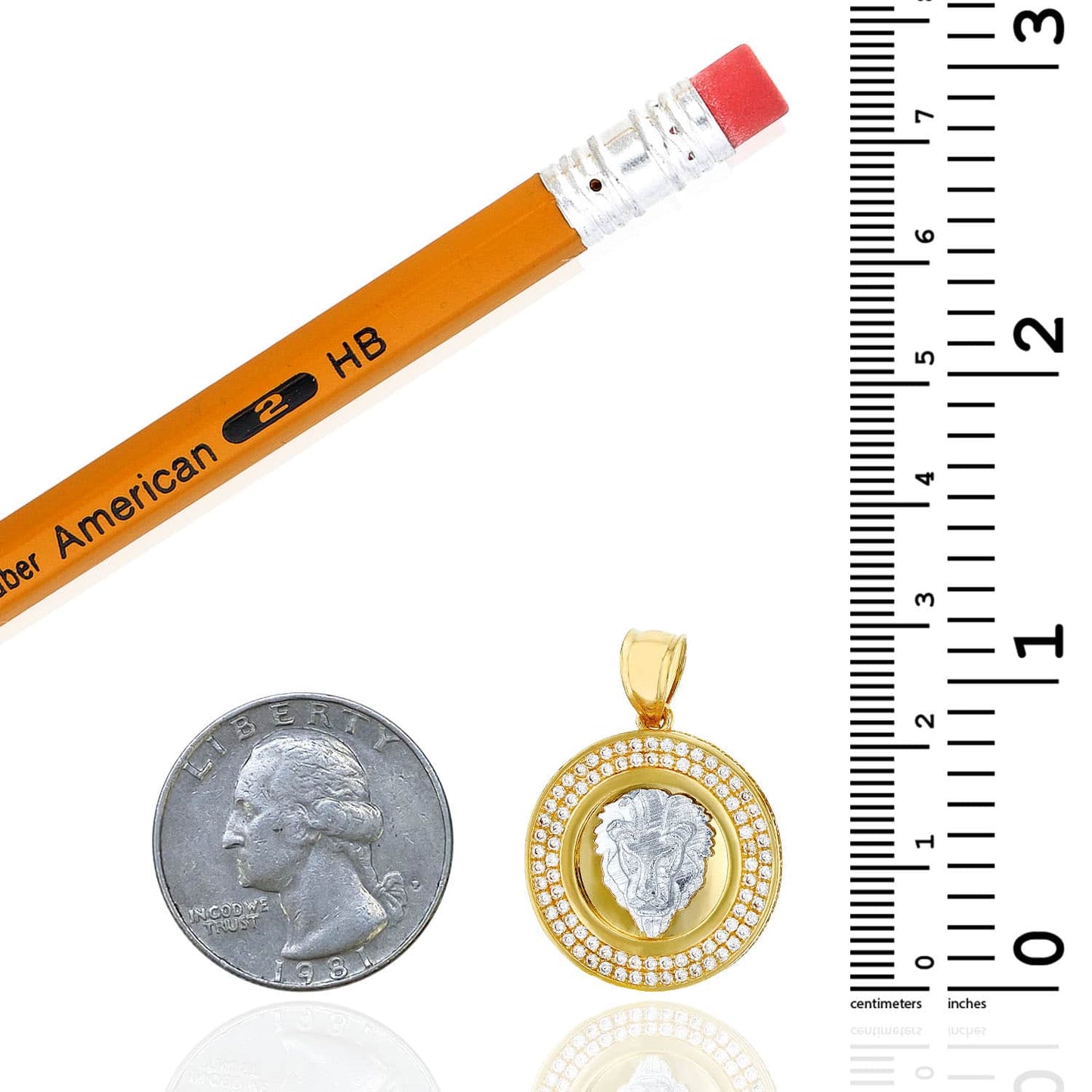 14K Gold Two-Tone Yellow White CZ Lion Face Round Pendant 1.2"