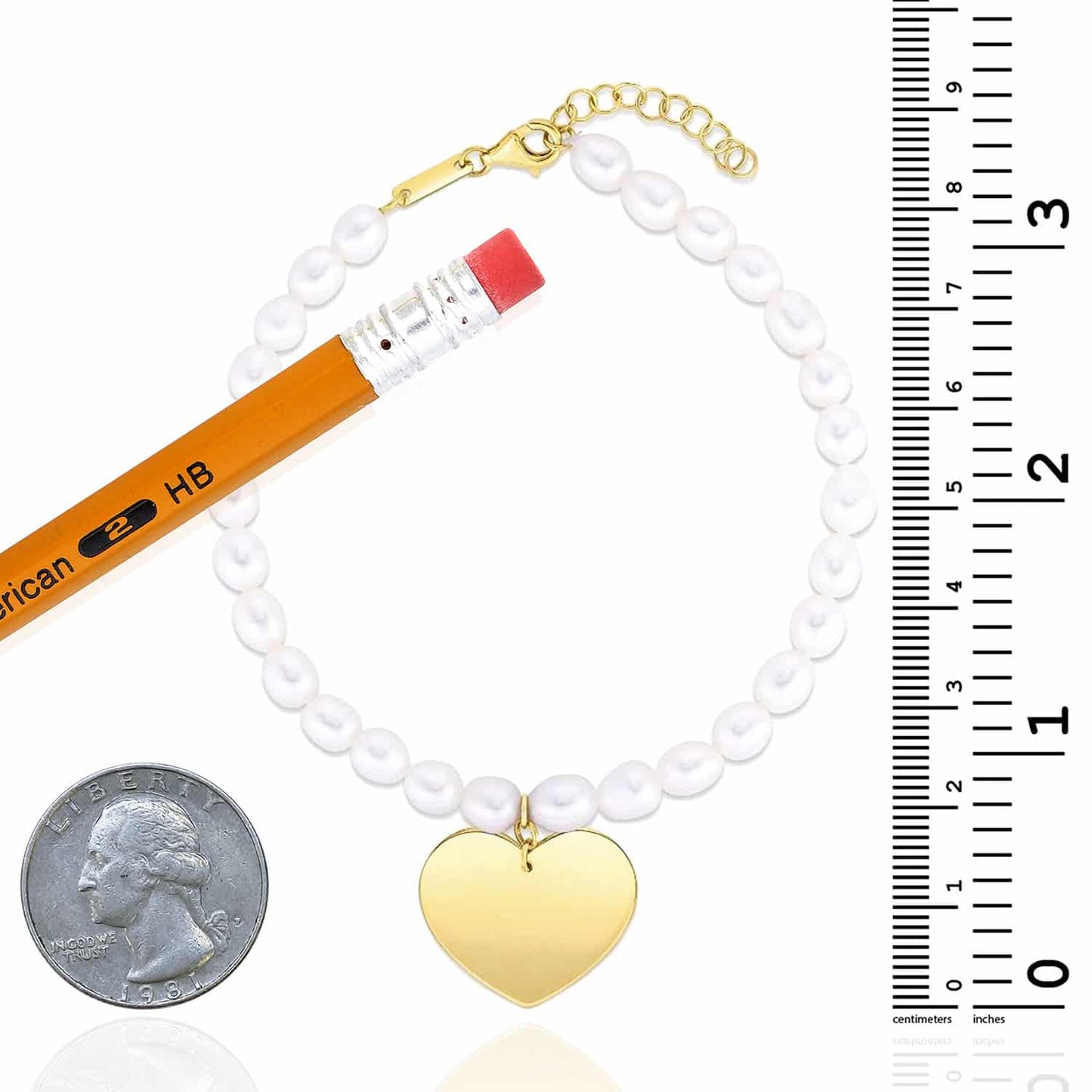 14K Yellow Gold Cultured Pearl Strand Heart Charm Bracelet (Solid Links) 7.25"-8" Adjustable