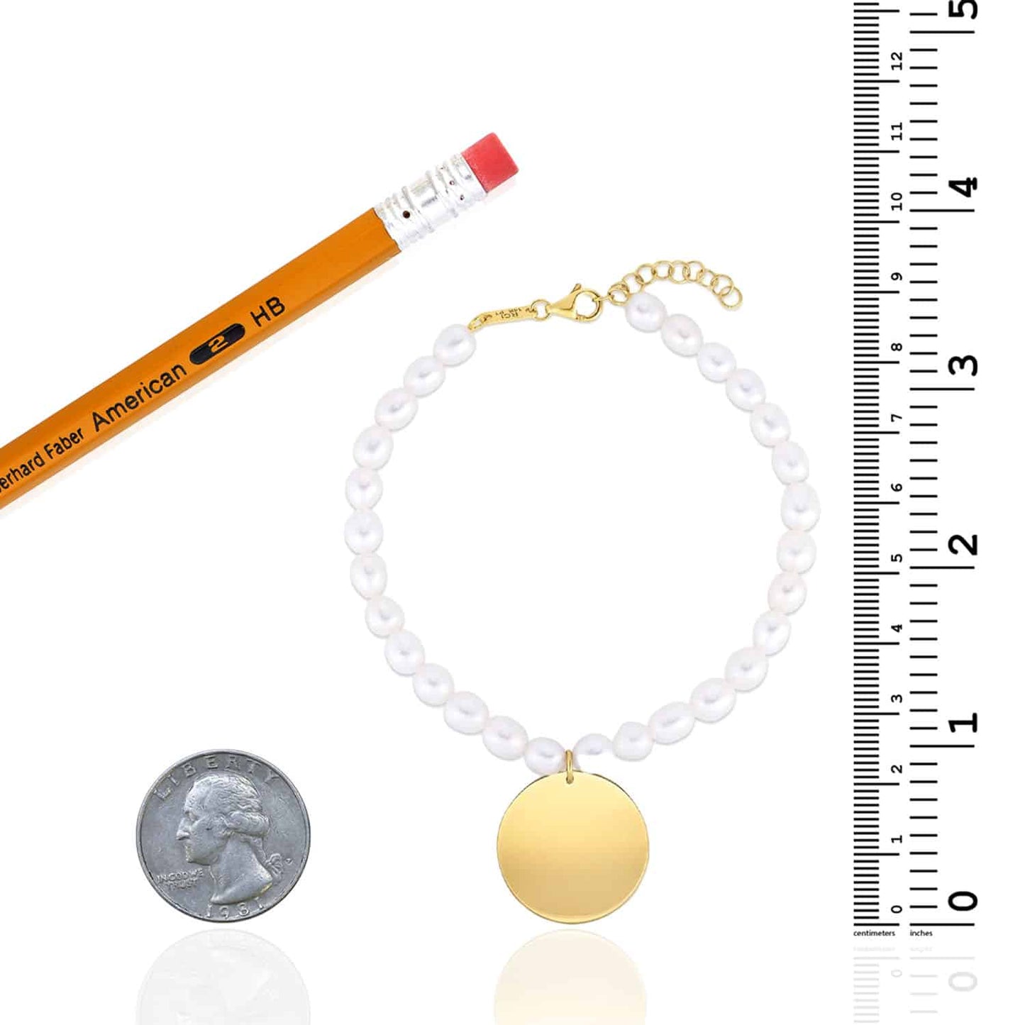 14K Real Gold Yellow Cultured Pearls Strand Round Charm Bracelet 7.25"-8" Adjustable