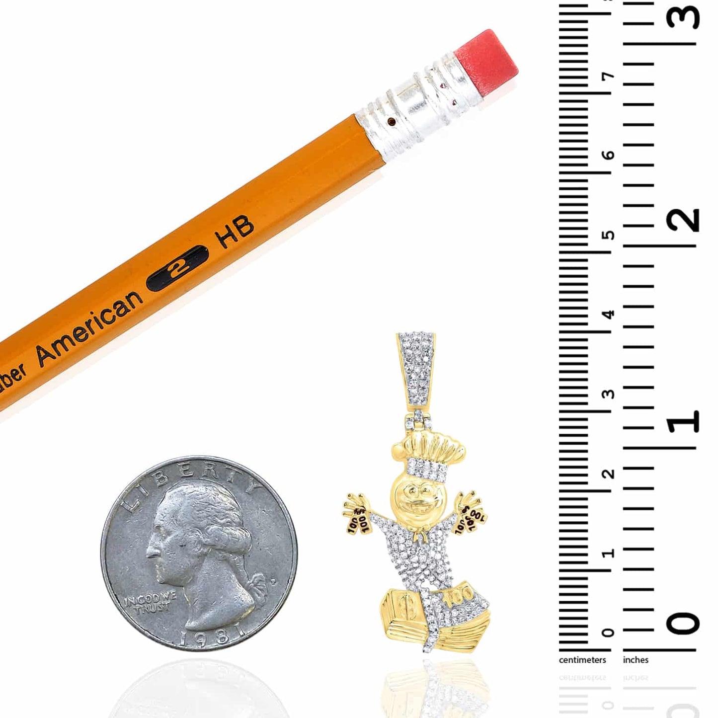 0.35CTW Real Diamond 10K Yellow Gold Chef Cash Dollar Bills Pendant 1.6"
