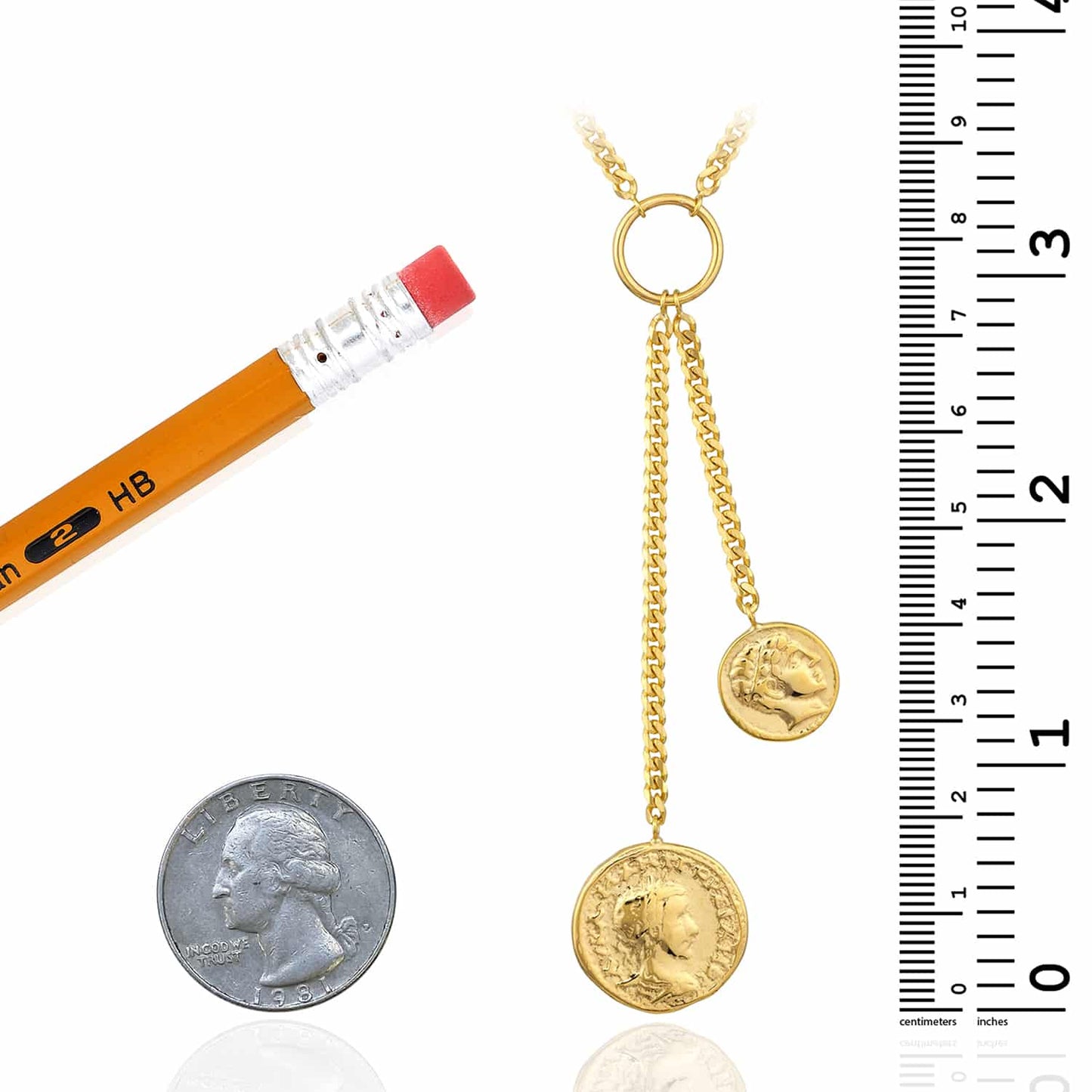 Solid 14K Real Gold Dual Coin Cuban Necklace 16"-18" Adjustable