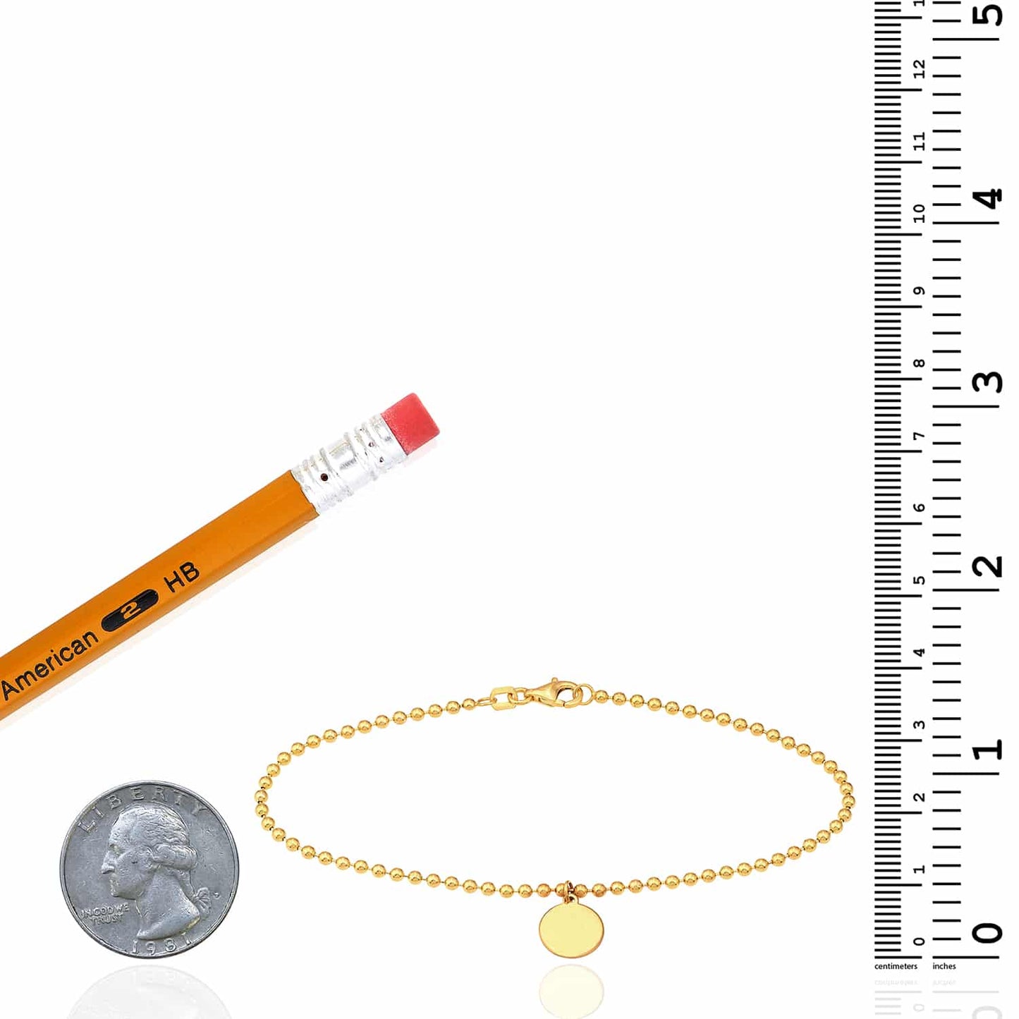 14K Real Gold Yellow Ball Bead Round Charm Bracelet 7.5"