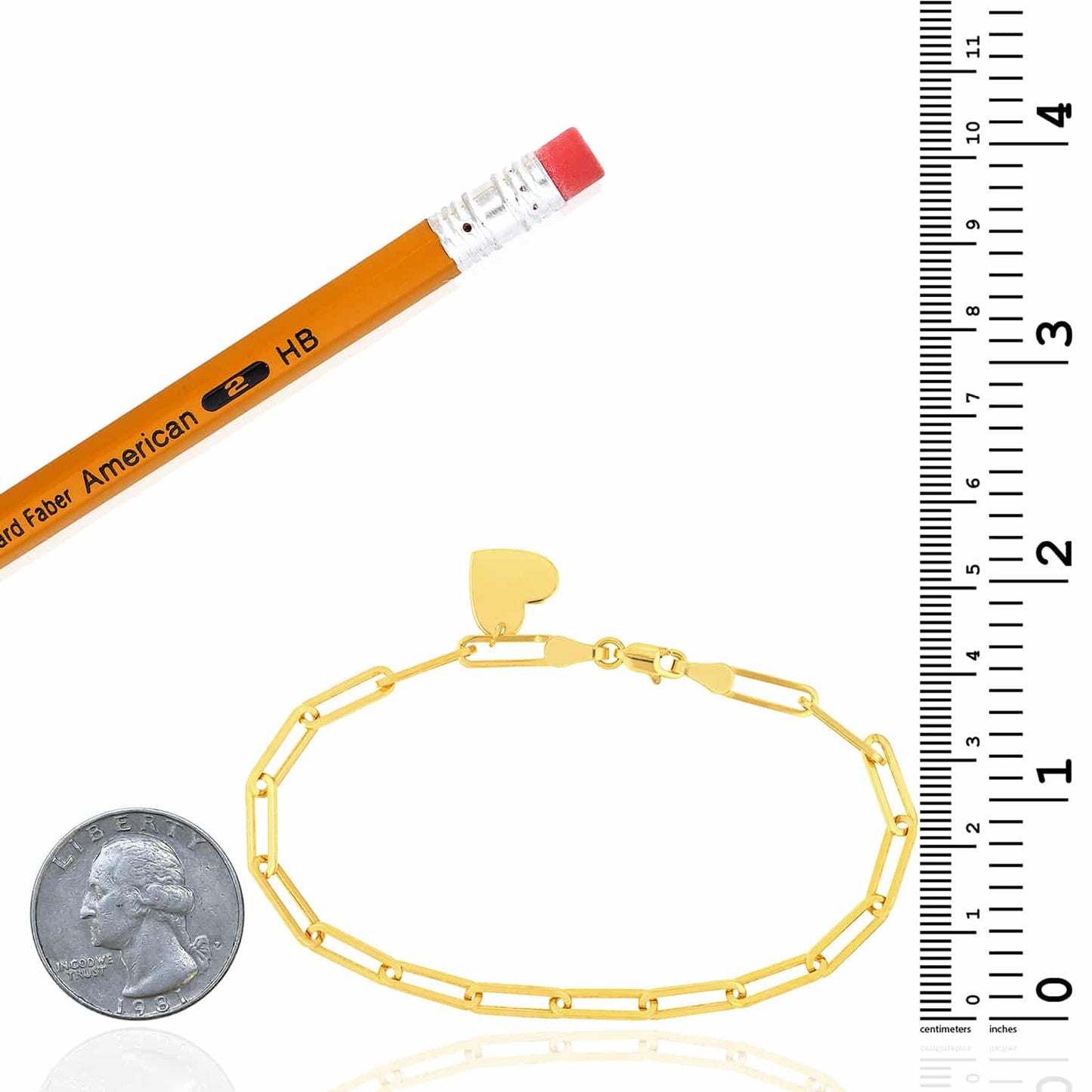 14K Real Gold Yellow Paperclip Heart Charm Bracelet 7.5"