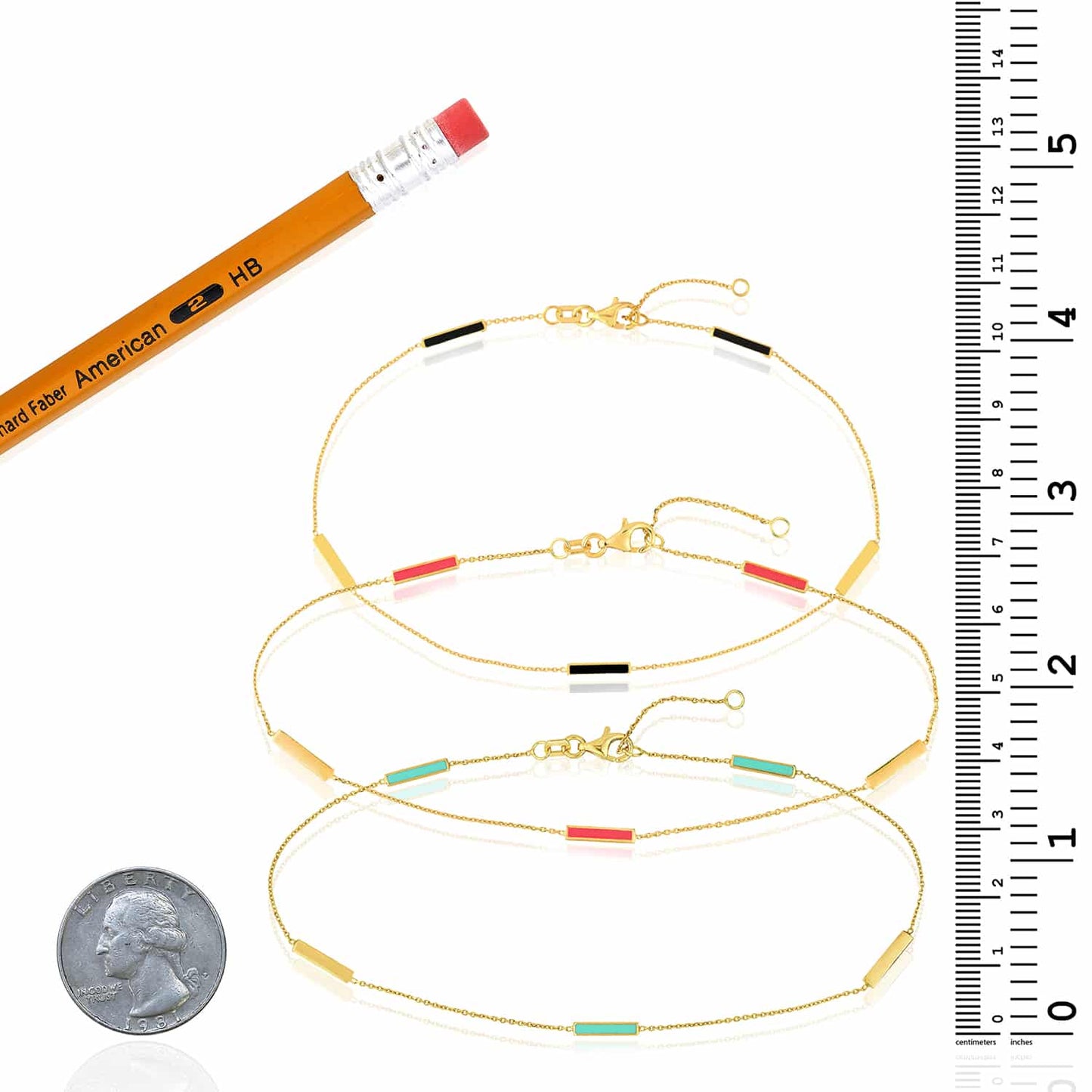 14K Real Gold Yellow Alternating Black Pink Turquoise Bar Cable Anklet 9"-10" Adjust.