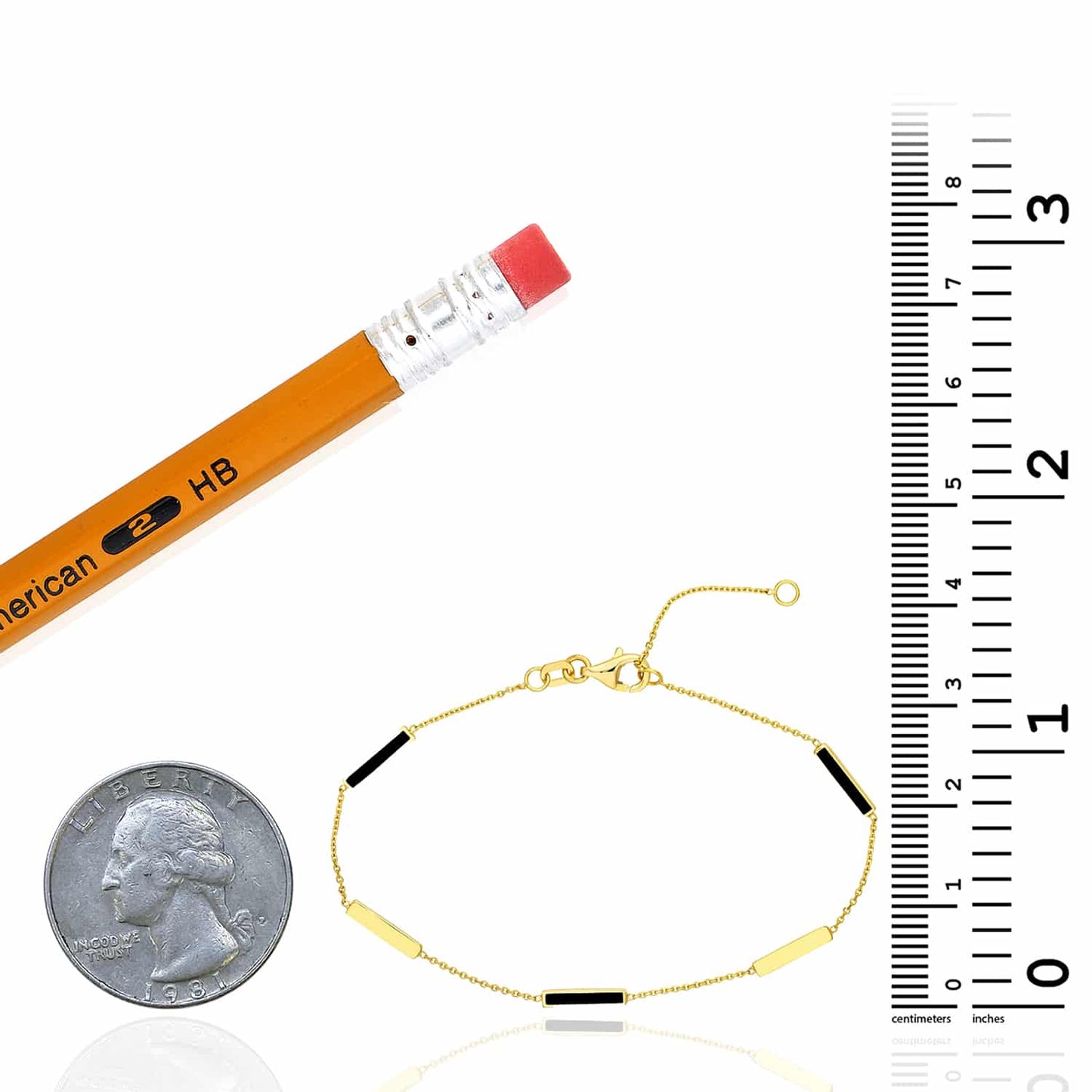 14K Real Gold Yellow Minimalist Alternating Black Bar Bracelet 6.25"-7.25" Adjustable