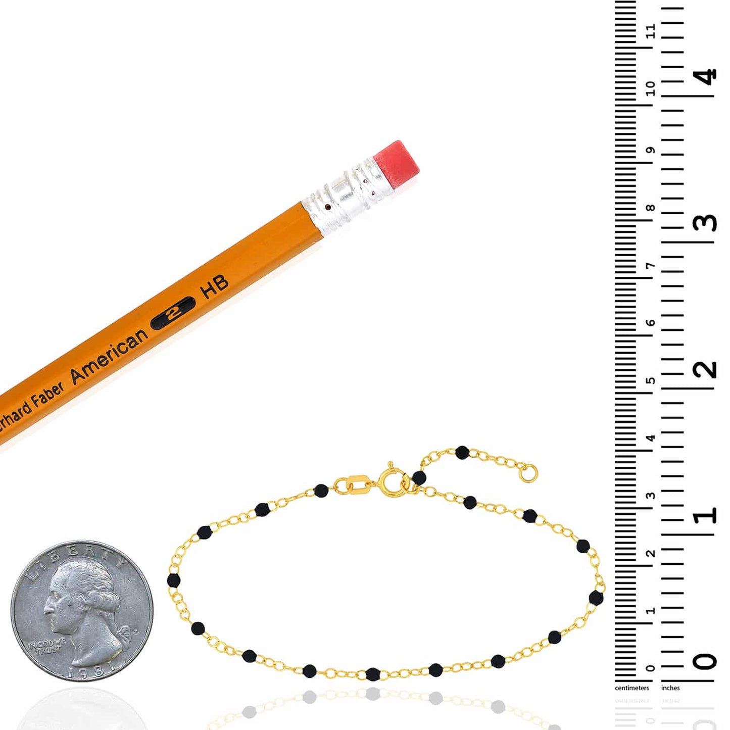 14K Real Gold Yellow Black Bead Station Bracelet 6.5"- 7.5" Adjustable