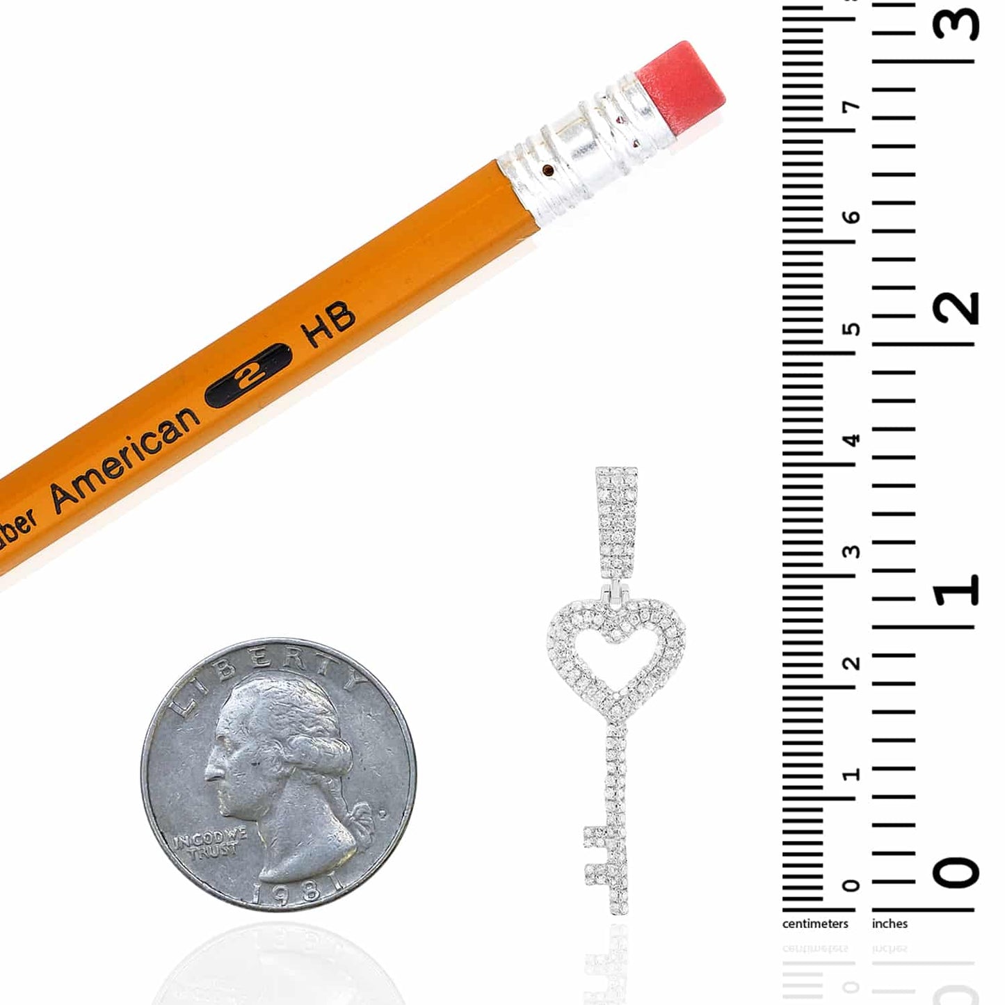 0.68CTW Real Diamond Sterling Silver Heart Key Pendant 1.6"