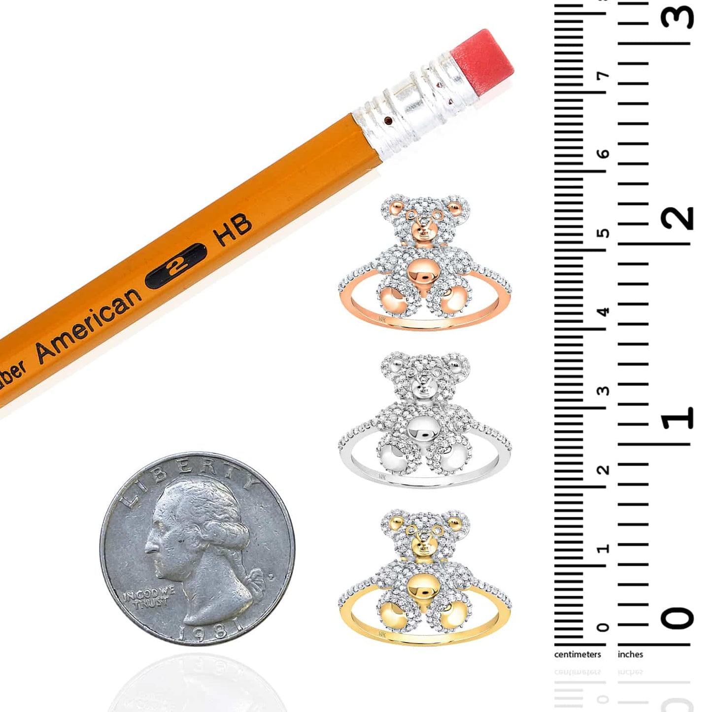 0.50CTW Real Diamond 10K Gold Yellow White Rose Teddy Bear Cocktail Ring
