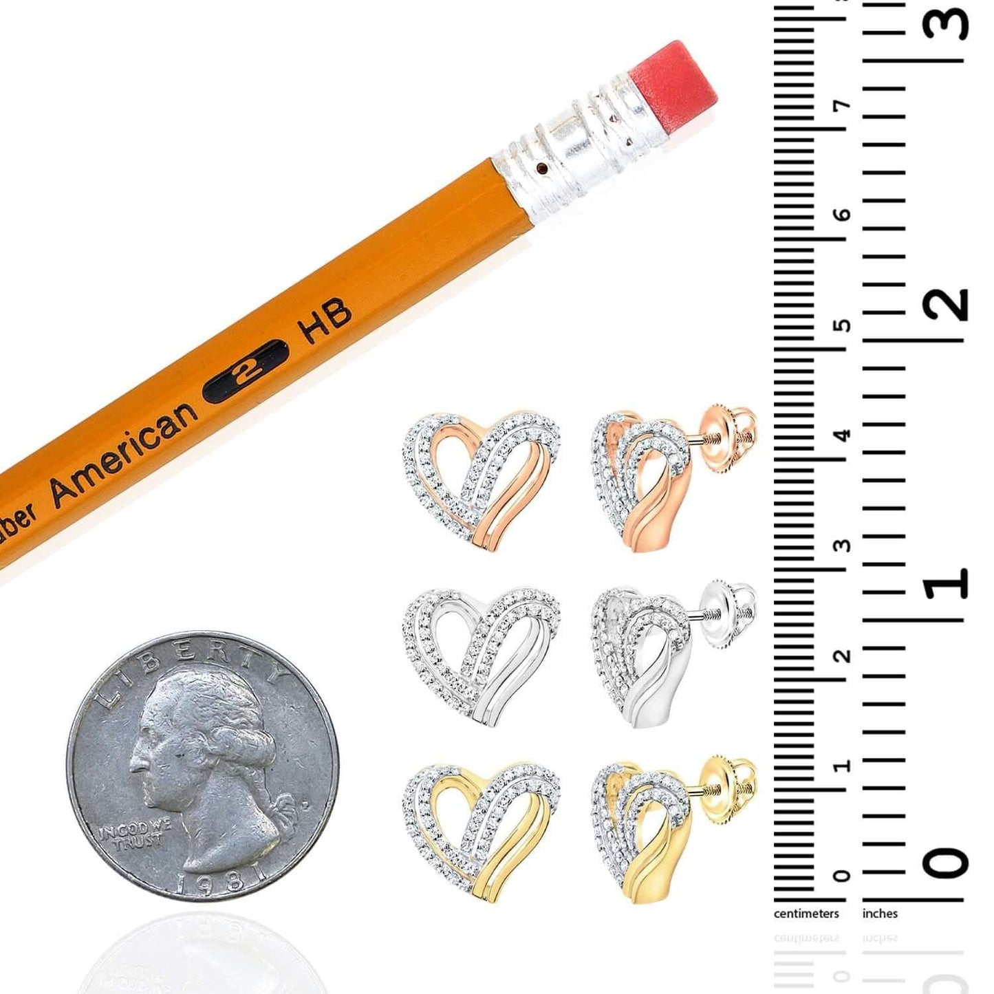 10K Gold Yellow White Rose Diamond Heart Screw Back Stud Earrings