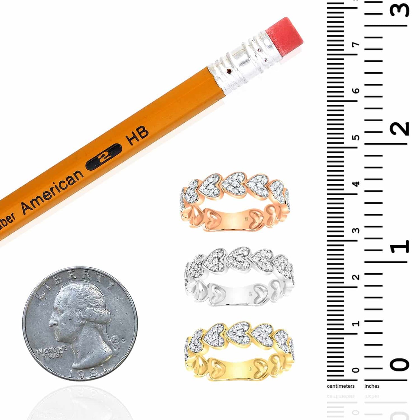 0.33CTW Real Diamonds 10K Gold Yellow White Rose Hearts Love Band Ring
