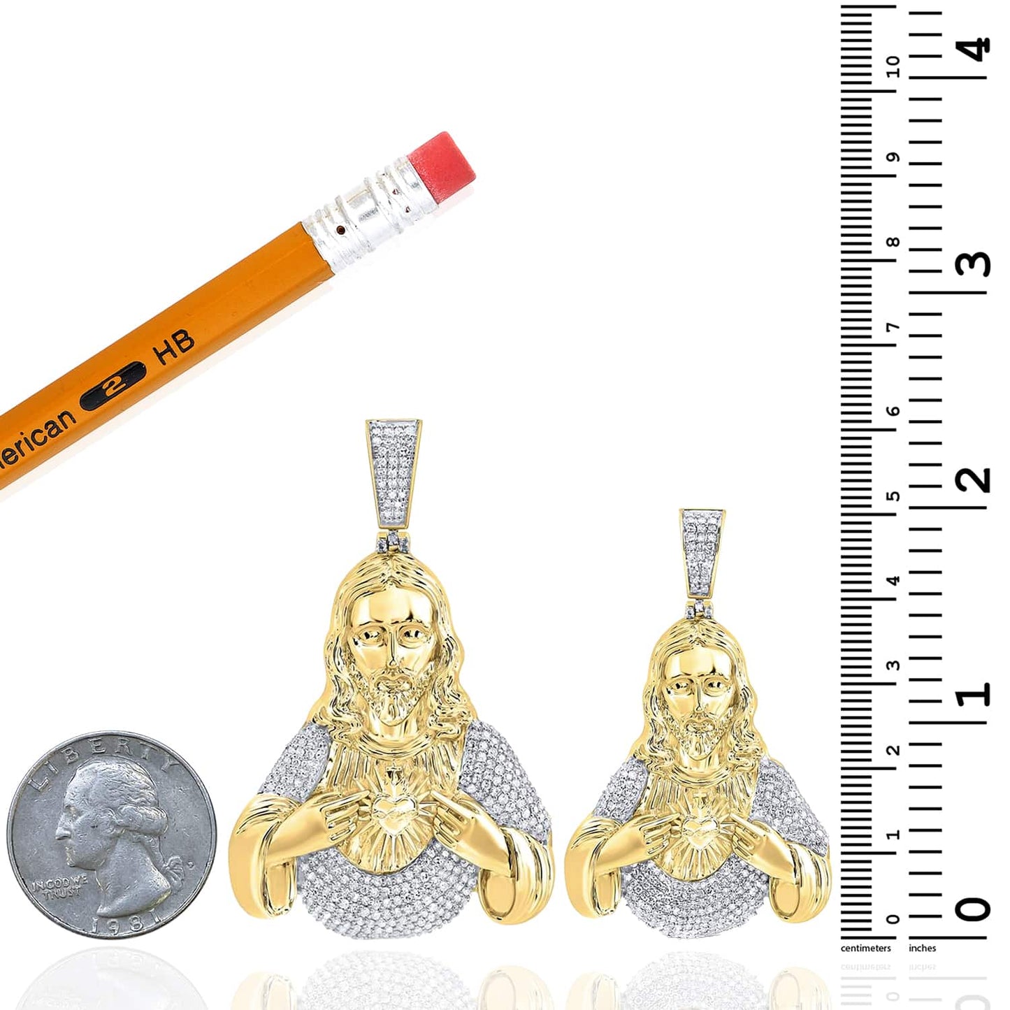 Natural Diamond 10K Yellow Gold Sacred Heart of Jesus Pendant 2" 2.6"