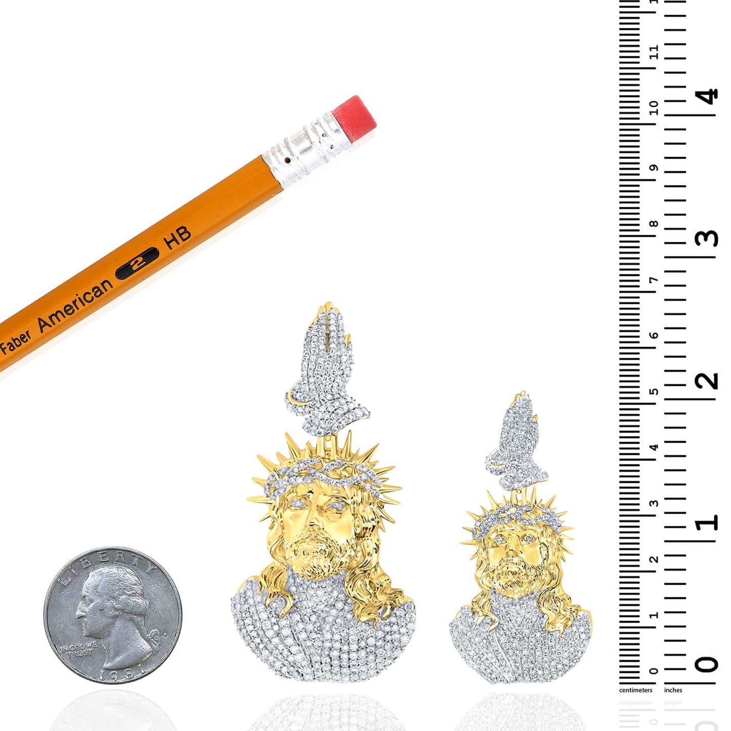Natural Diamond 10K Yellow Gold Jesus with Praying Hands Pendant 2.1" 2.7"
