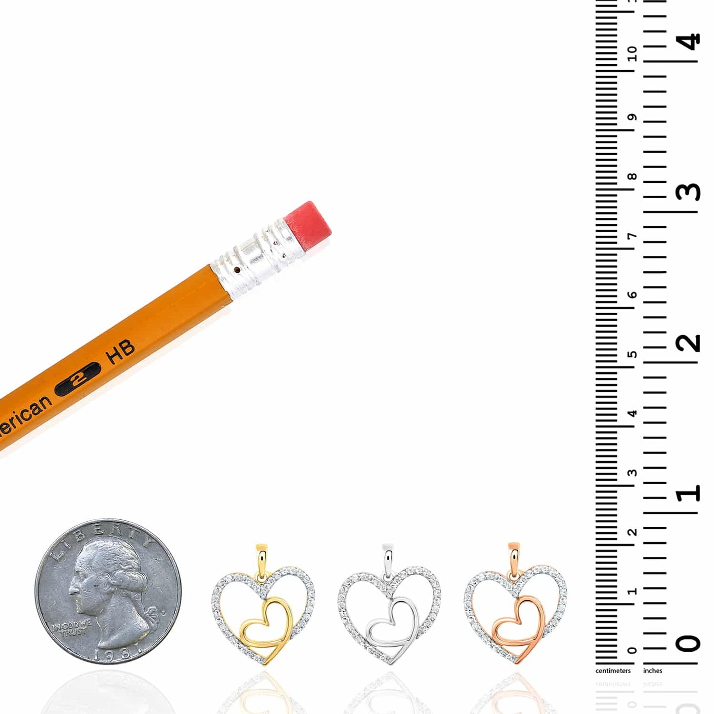 0.20CTW Real Diamond 10K Gold Yellow White Rose Double Heart Pendant 0.8"