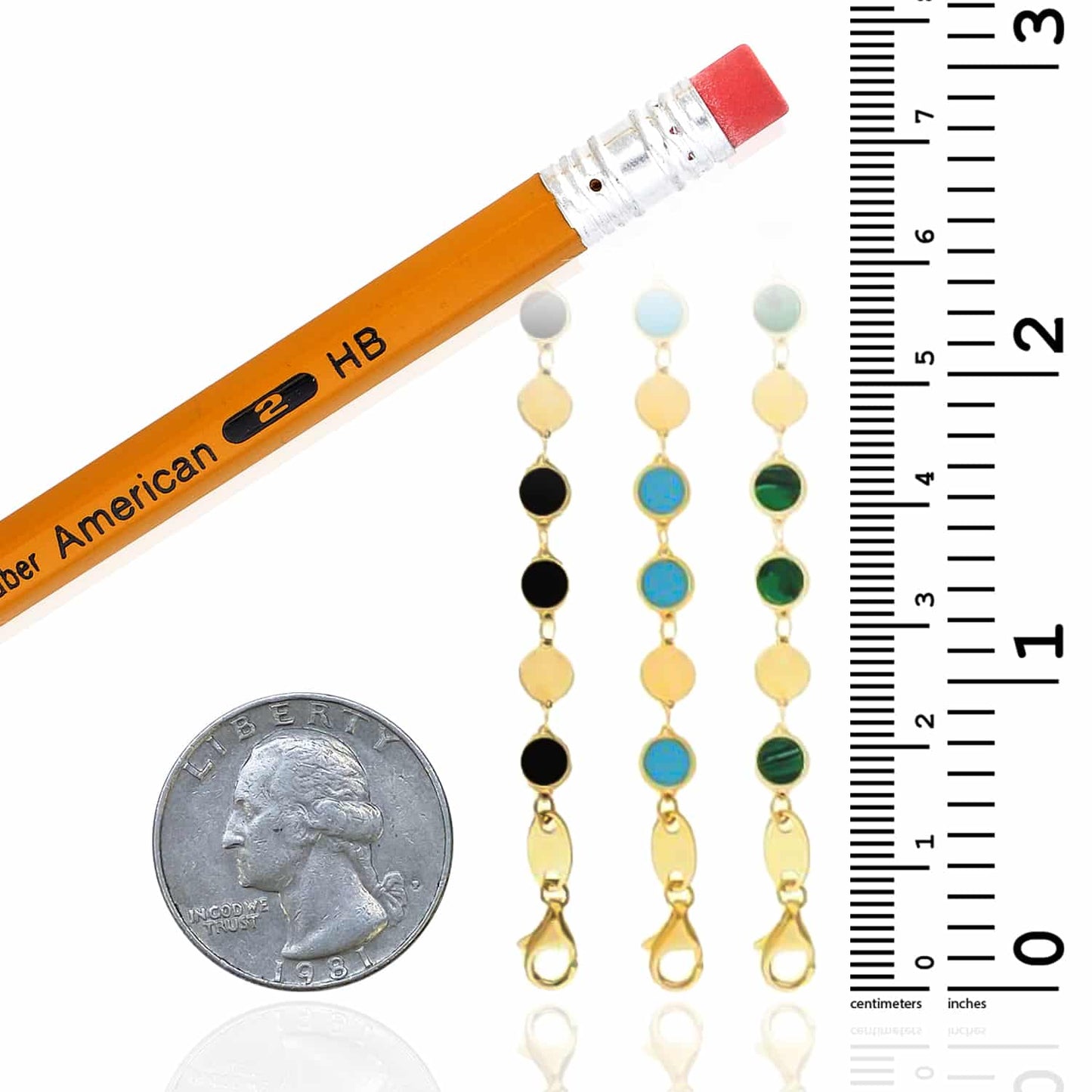 14K Real Gold Yellow Round Black Onyx Malachite Turquoise Bracelet 7.25"-8" Adjust...