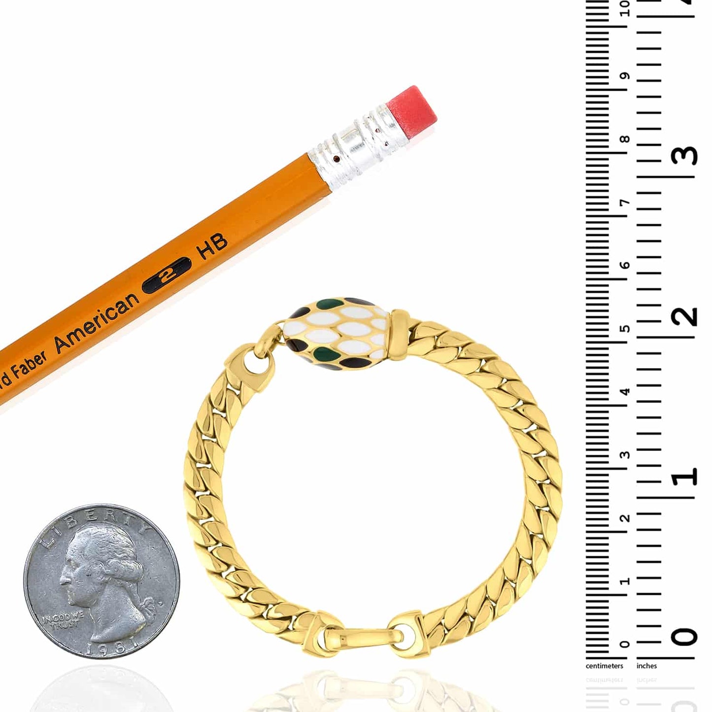 Solid 14K Real Gold Yellow 7mm Cuban Serpent Curb Enamel Bracelet 7.5" Special Clasp