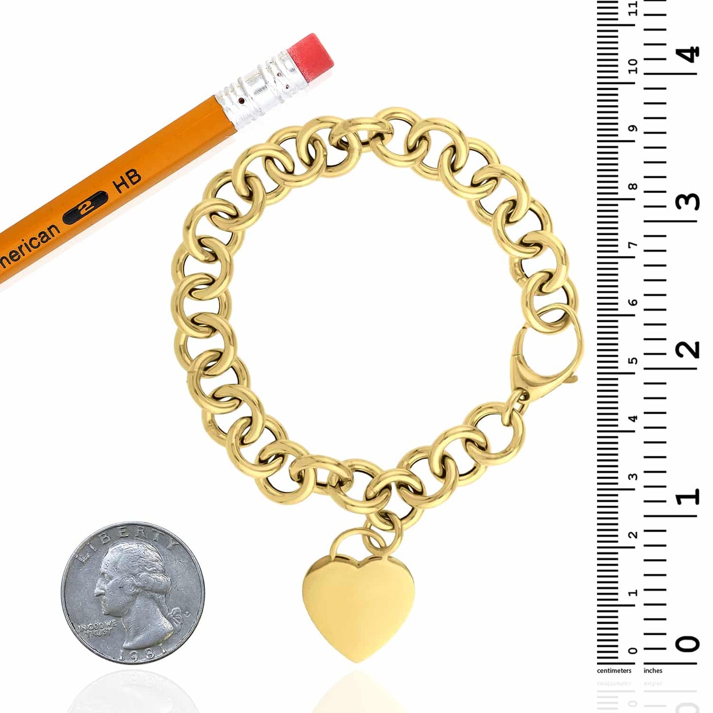14K Real Gold Yellow Heart Tag & Rolo Bracelet 7.5"