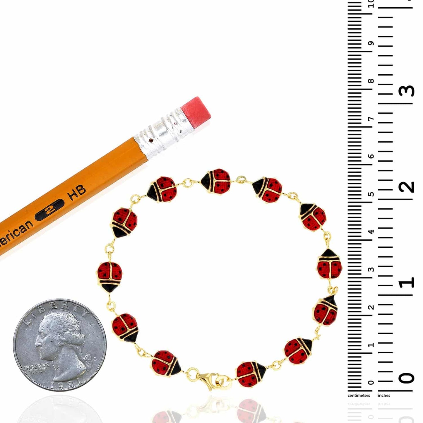 14K Real Gold Yellow Red Black Enamel Ladybug Bracelet 7.5"