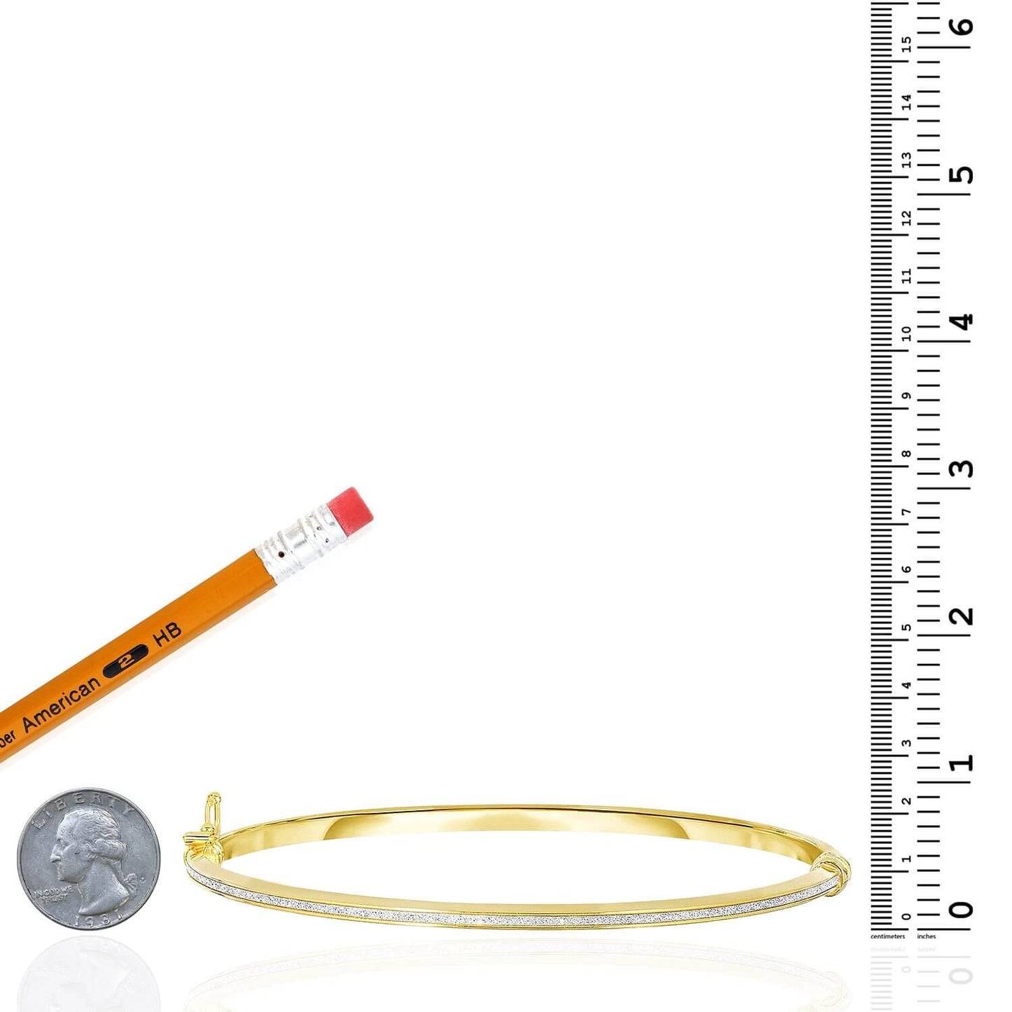14K Yellow Gold Rose White 3mm White Glitter Stripe Shiny Bangle With Side Clasp 7.25"