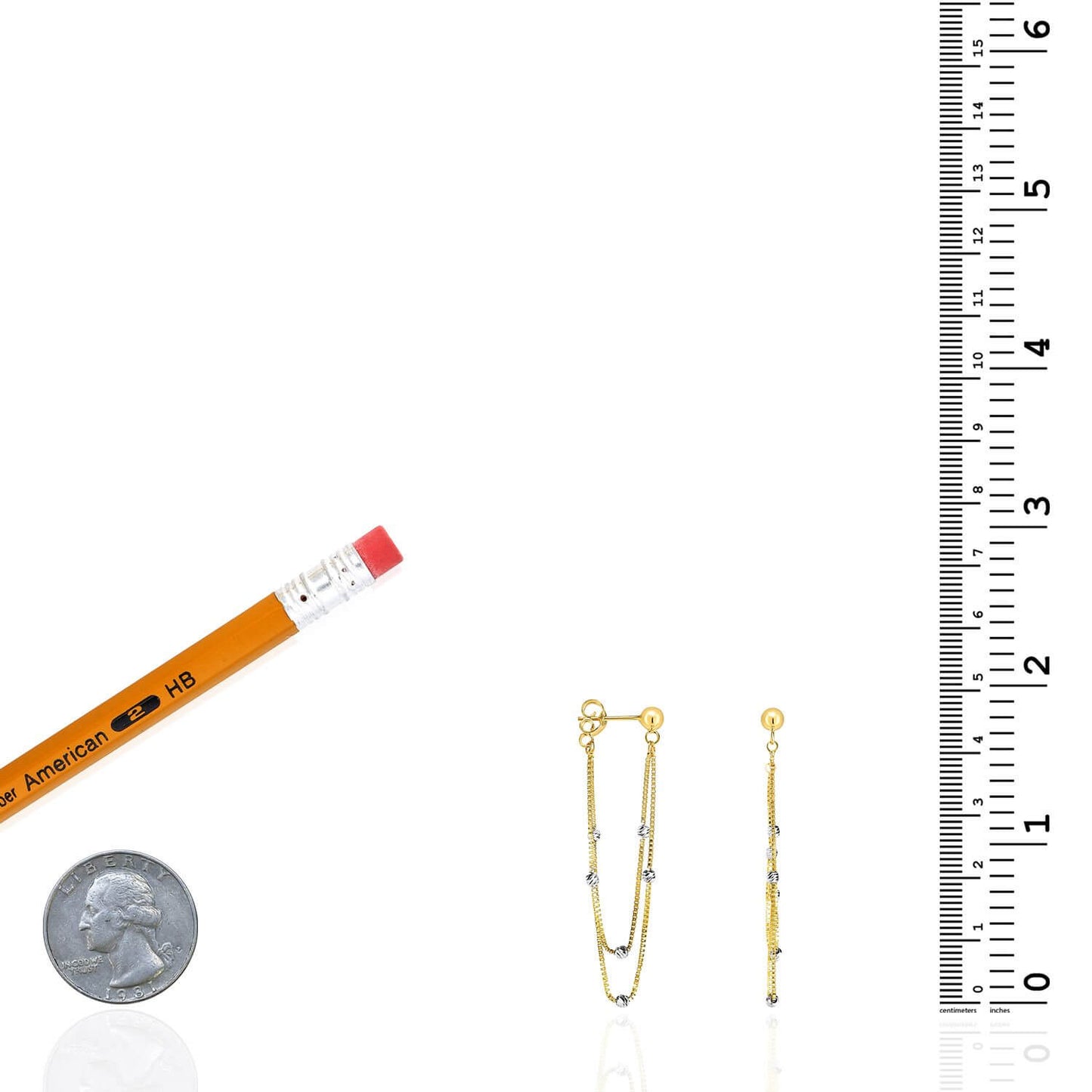 14K Yellow White Gold 48mm Box Diamond-Cut Beads Drop Push Back Earrings