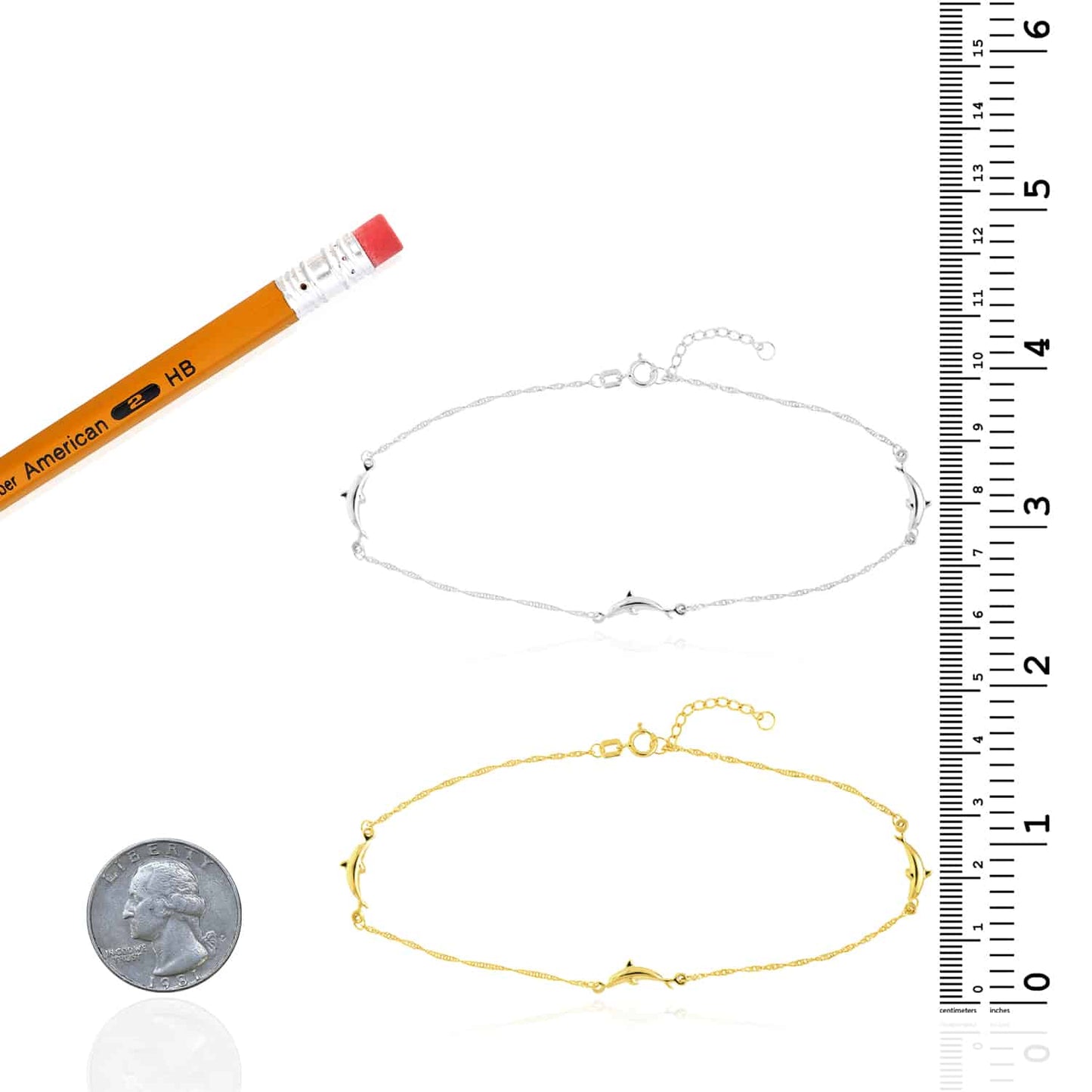 14K Real Gold Yellow White Singapore Dolphin Trio Anklet Bracelet 9"-10" Adjustable