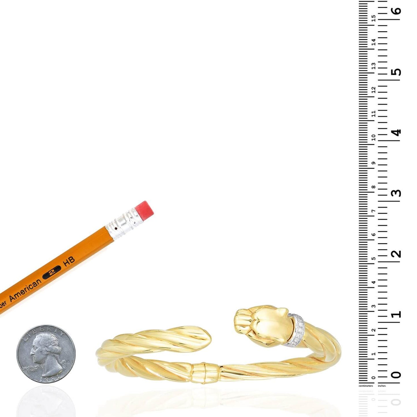 0.10Ct Real Diamond 14K Yellow Gold Panther Cuff Bangle Bracelet