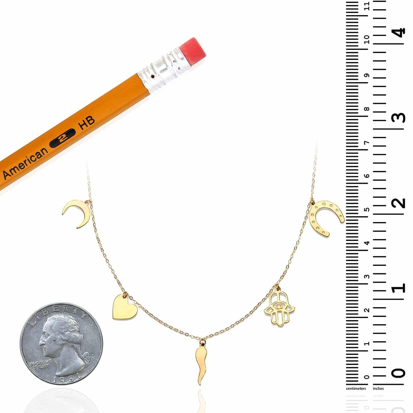 14K Real Gold Horseshoe Hamsa Horn Heart Moon Charms Necklace 16"-18" Adjust.