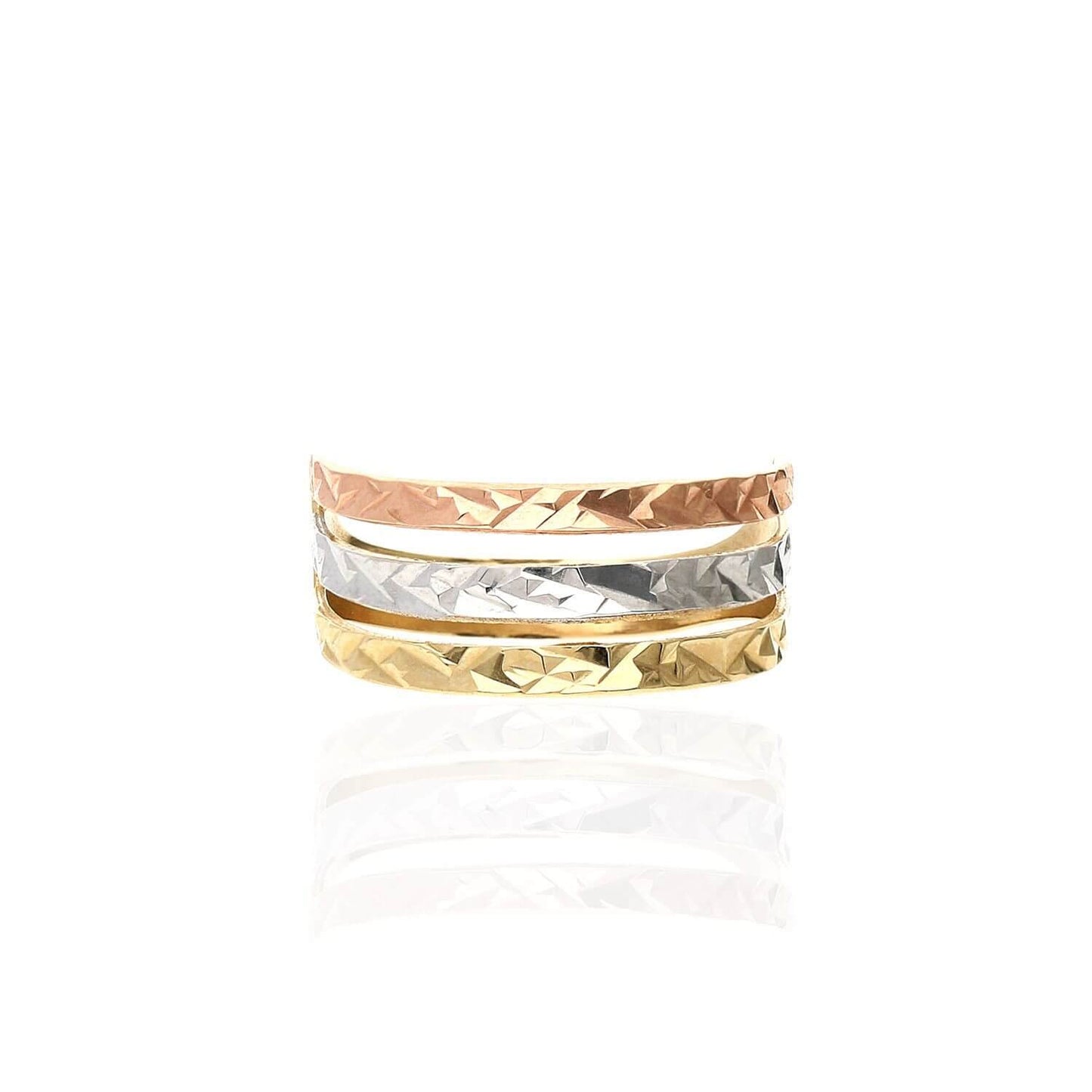 14K Gold Tri Color Yellow Rose White Diamond-Cut Semanario Style Band Ring