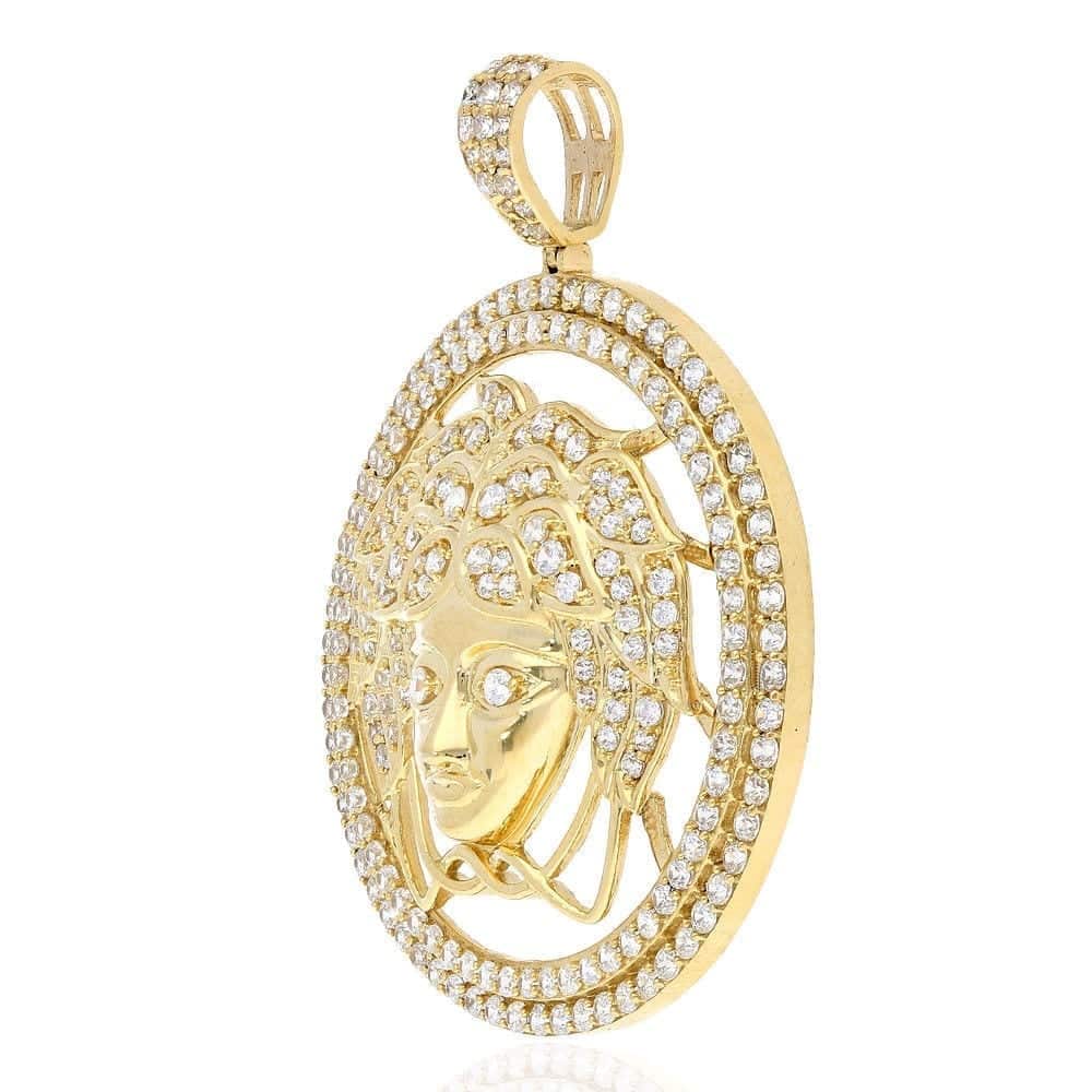 6Ct CZ 10k Yellow Gold Medusa Head Round Pendant 2"